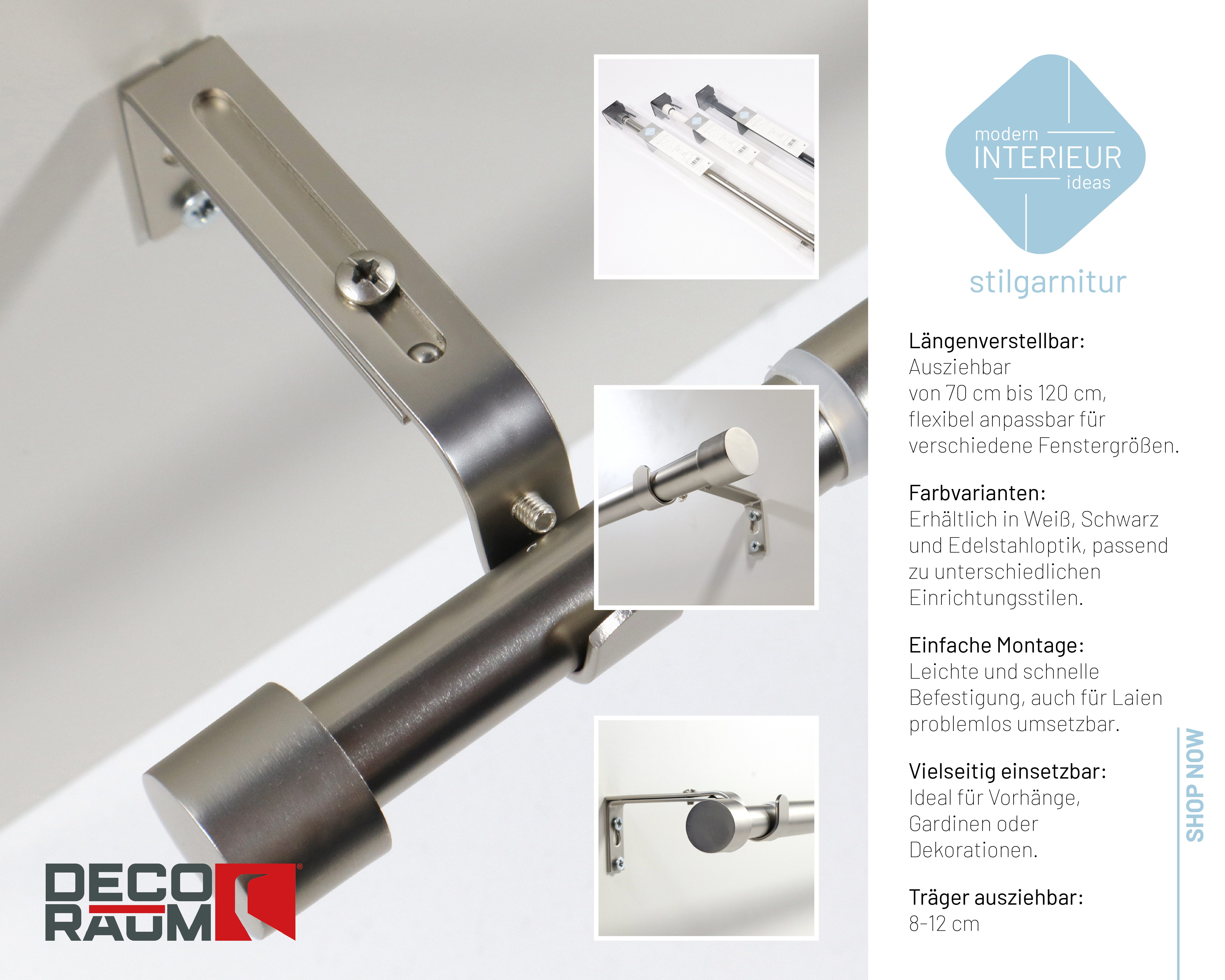 Deco-Raum Gardinenstange Flexa Stilgarnitur Set ausziehbar, Ø 19 mm, 1-läufig, ausziehbar, Wandmontage, verschraubt, Metall, perfekt für Dekoschals Gardinen – Bild 2 von 5