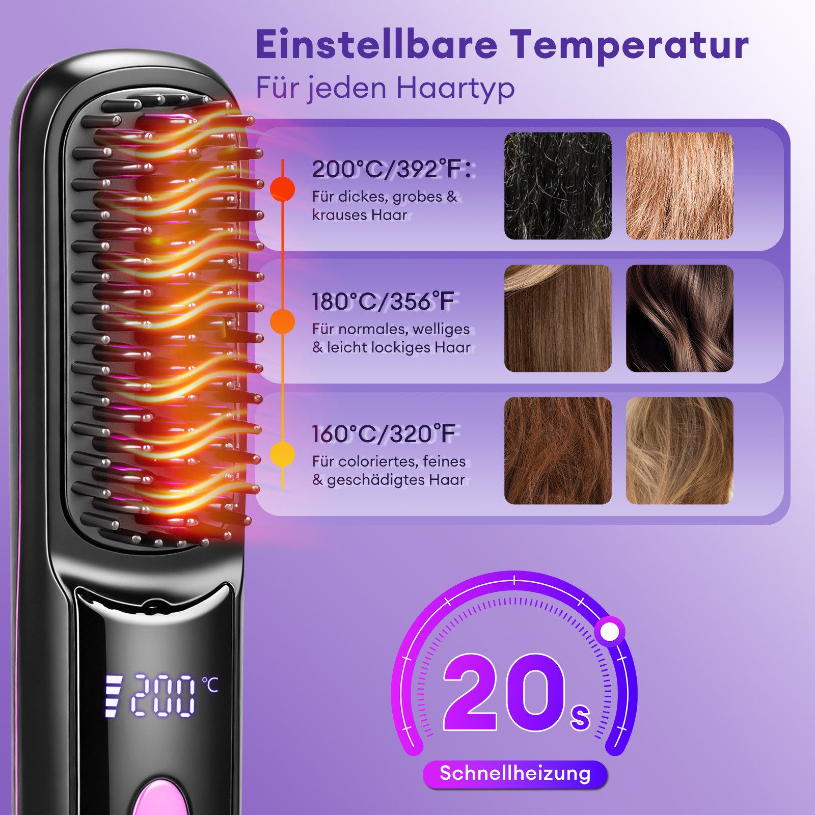 CkeyiN Elektrohaarbürste Akku Haarglättbürste mit LED-Anzeige 3 Temperaturstufen 160-200℃, Stylingbürste für kurze, lange Haare, tragbare Haarbürste unterwegs