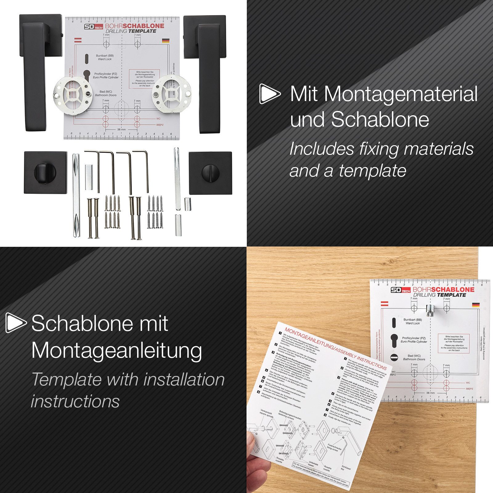 SO-TECH® Drückergarnitur Türdrücker ERLING Aluguss schwarz inkl. Befestigungsmaterial, Spar-Set, 1-tlg., mit Papier-Bohrschablone, mit WC-Rosetten - für Bad / W – Bild 4 von 5