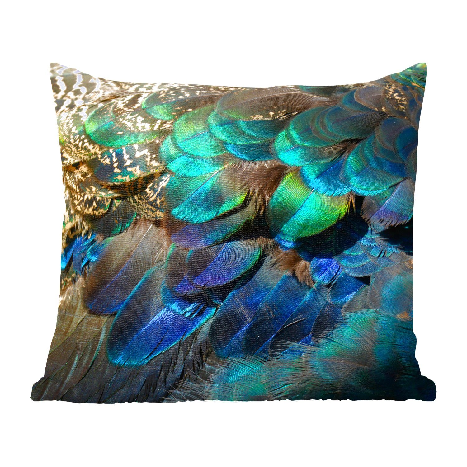 MuchoWow Dekokissen Federn - Pfauenfedern - Pfau - Blau - Kunst, Zierkissen mit Füllung für Wohzimmer, Schlafzimmer, Deko, Sofakissen