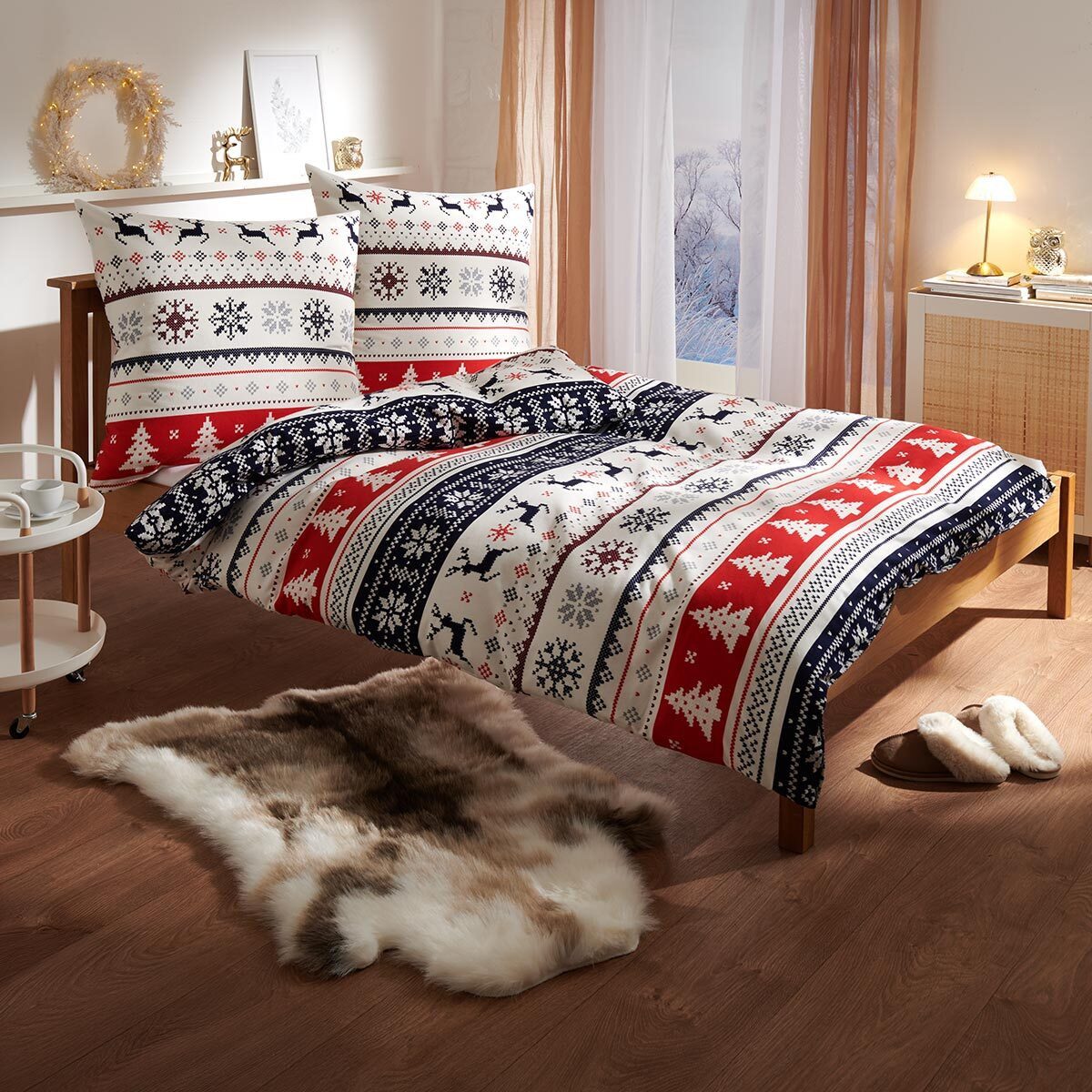 TRAUMSCHLAF Bettwäsche Norweger Hirsch, Flanell, 2 teilig, Flanell-Winterbettwäsche in toller Strickoptik