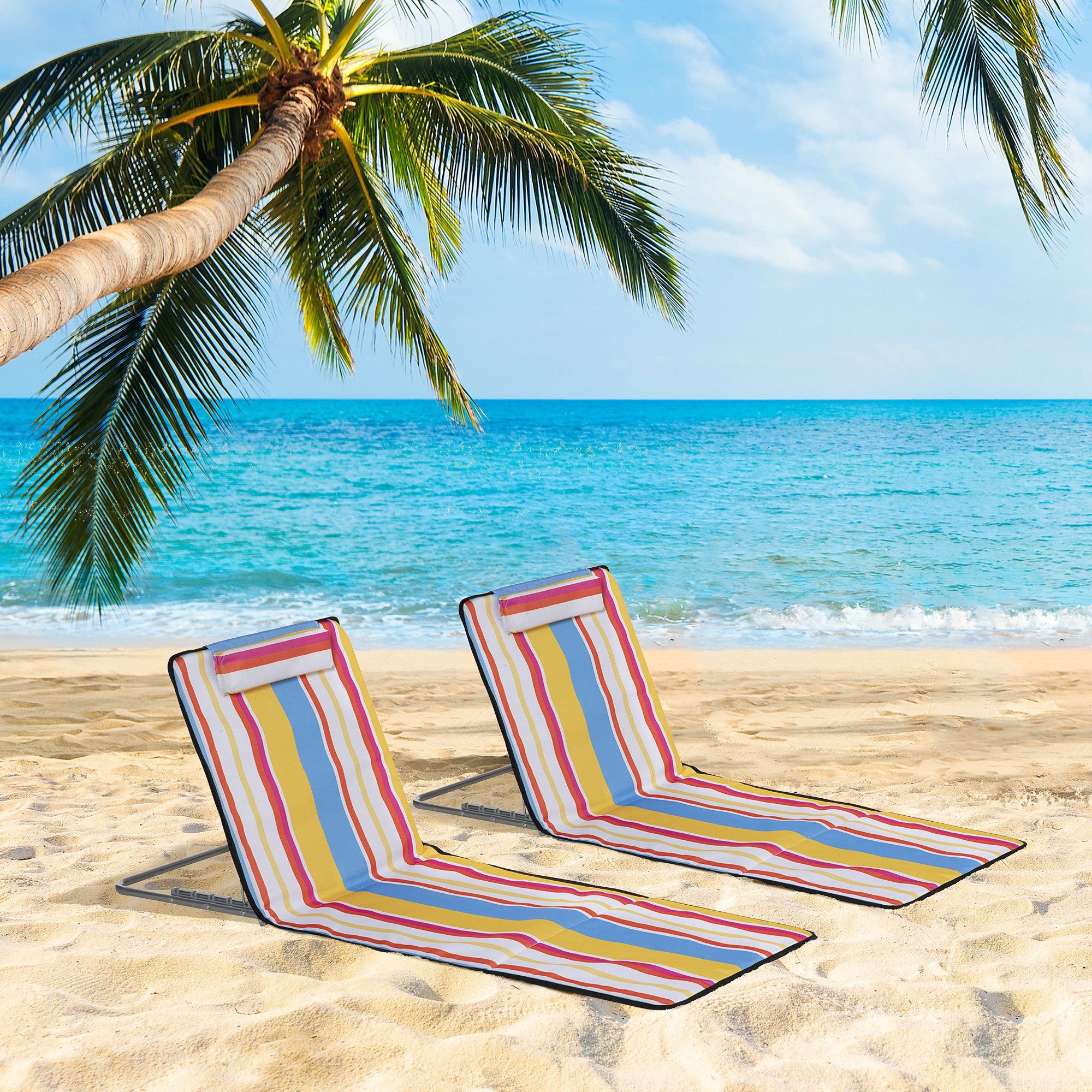 Outsunny Gartenliege Sonnenliege klappbar Strandliegen Verstellbarer Rückenlehne, Höhenverstellbare Strandmatratze mit Tragetasche, 2 St., Oxfordstoff, Bunt, 124 x 53 x 35-45 cm
