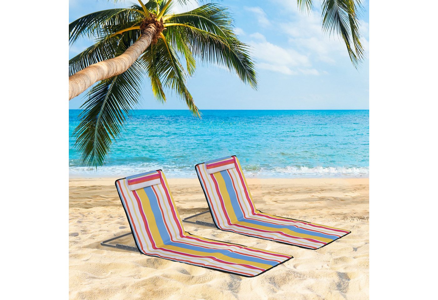 Outsunny Gartenliege Sonnenliege klappbar Strandliegen Verstellbarer Rückenlehne, Höhenverstellbare Strandmatratze mit Tragetasche, 2 St., Oxfordstoff, Bunt, 124 x 53 x 35-45 cm