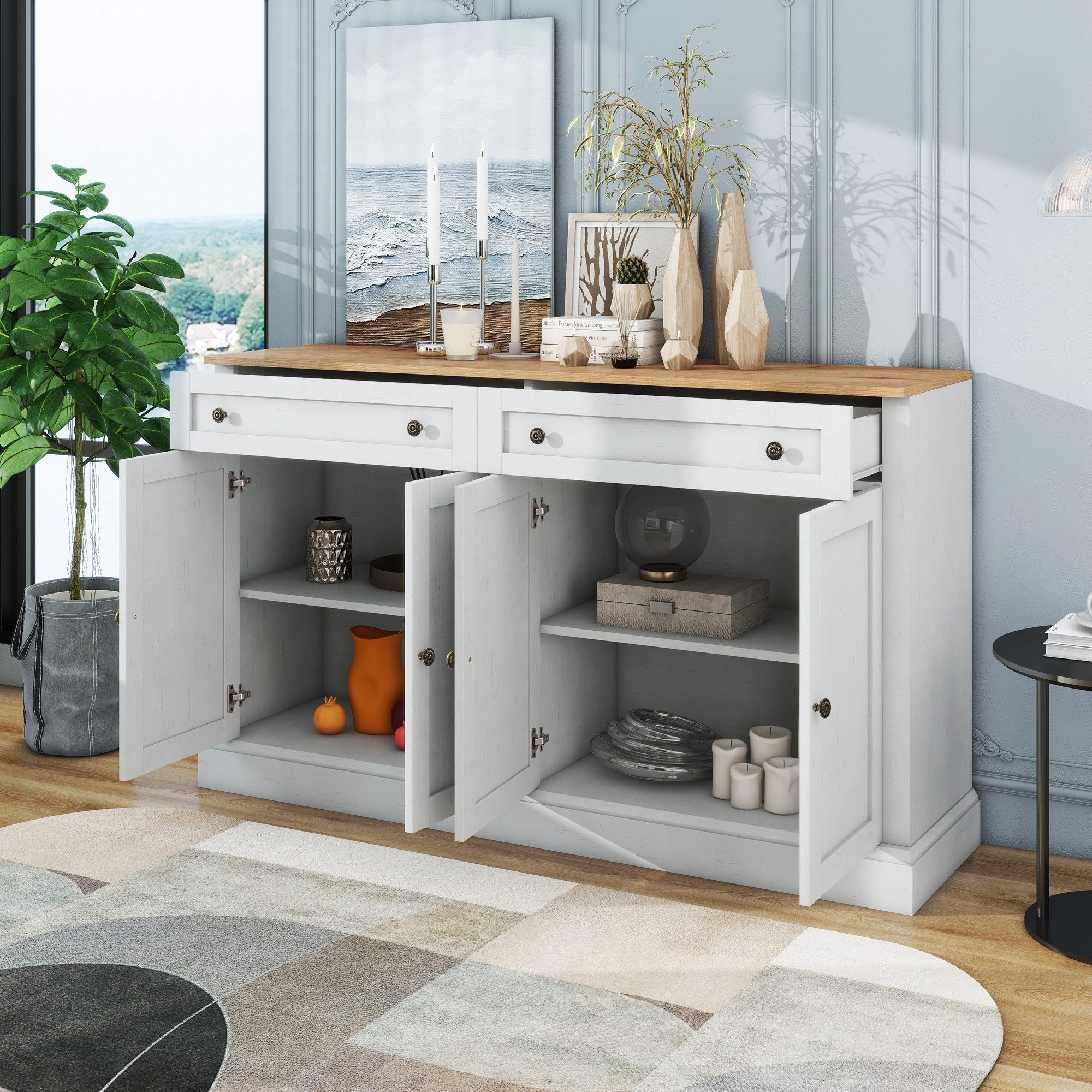 STILVORA Sideboard mit Schubladen,Beistellschrank Aufbewahrungsschrank mit Metallgriff (Schrankkorpus mit Naturholzplatte, Multifunktionaler Buffetschrank für Esszimmer & Wohnzimmer, Elegantes Design für modernes Zuhause, 150 x 86 x 40 cm (L/B/H)