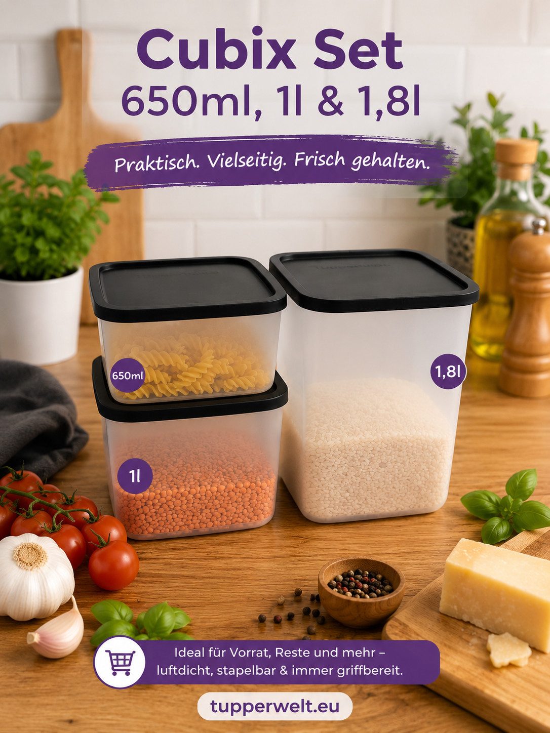 TUPPERWARE Vorratsdose Tupperware Cubix Set 650ml, 1l & 1,8l