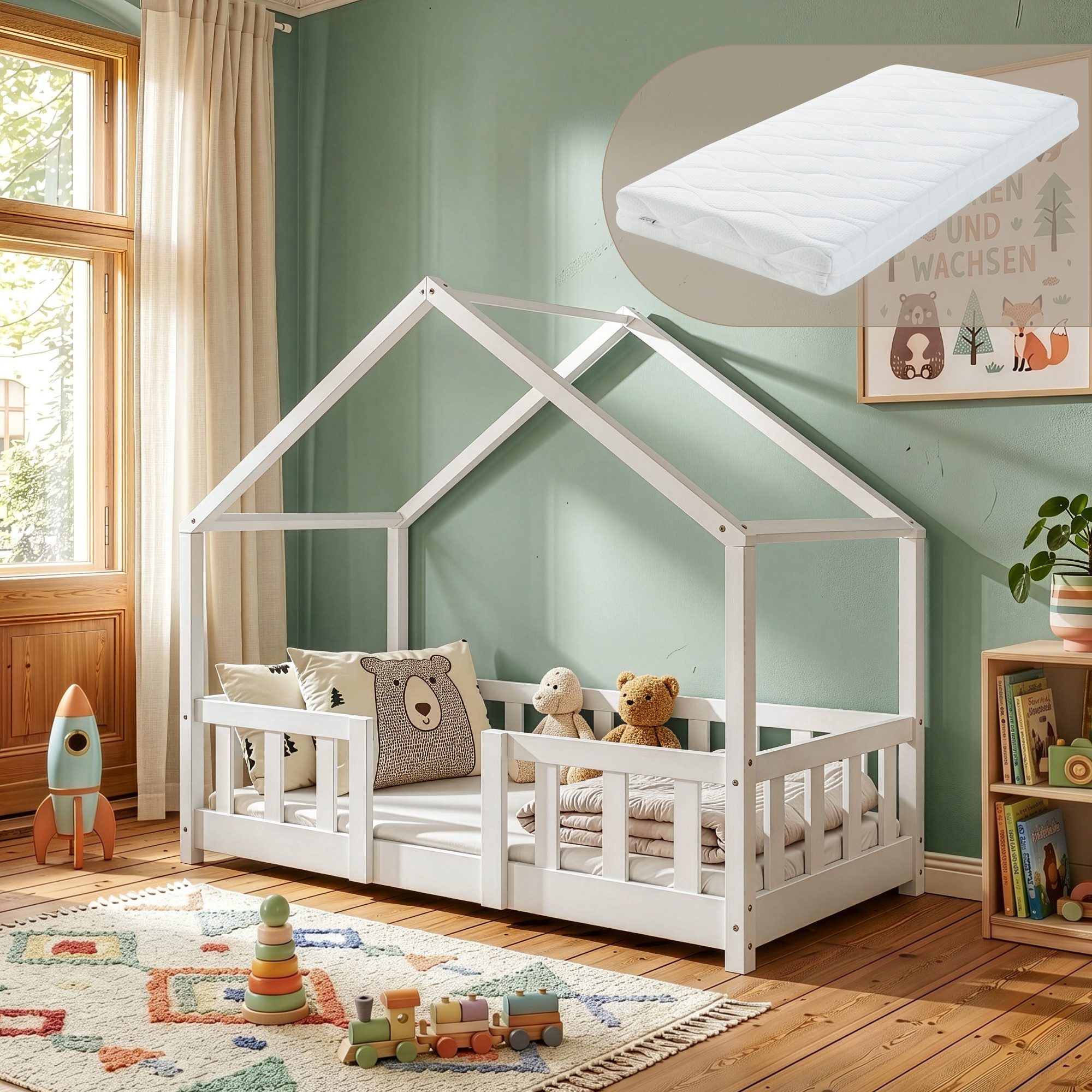 en.casa Kinderbett (Bett und Matratze), »Treviolo« mit Matratze Montessori Weiß 70x140 cm