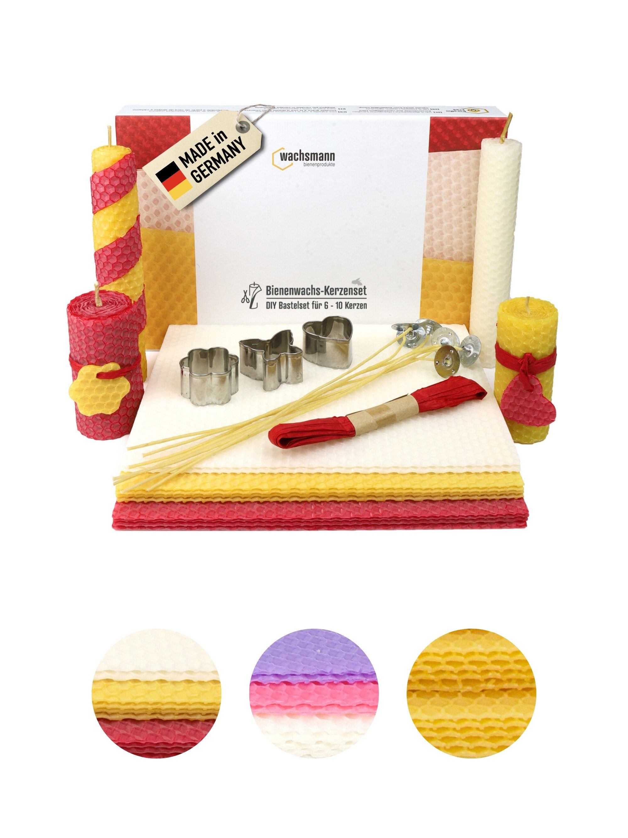 Wachsmann Bienenprodukte Bienenwachskerze selber machen (Kerzenset, Bienenwachs Kerzen Bastelset Bienenwachsplatten, Deko und Zubehör), deutsches Bienenwachs, Dochte aus Hanf, Kreativset
