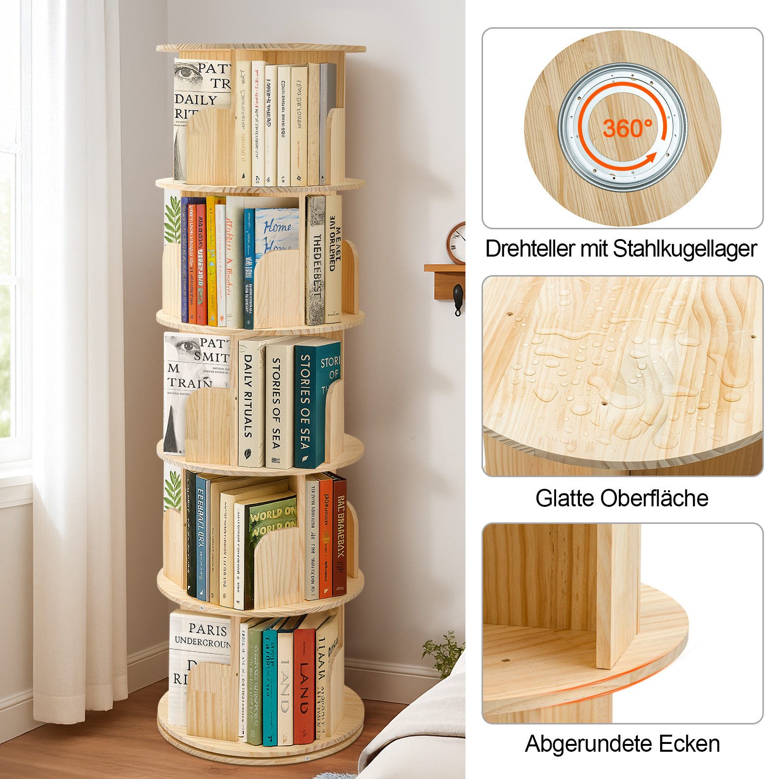 Youyijia Bücherregal 3/4/5-stöckig, Drehregal aus Kiefernholz Naturholzfarbe – Bild 3 von 4