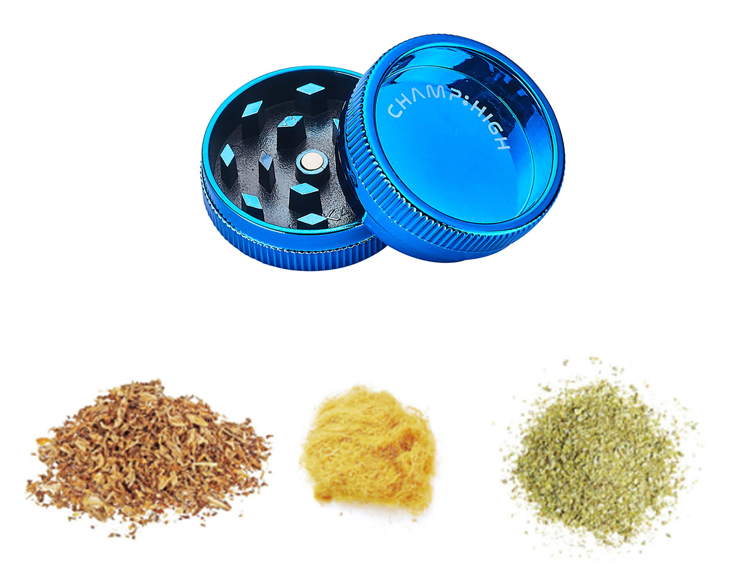 CHAMP Handpfeife TABAKPFEIFE + GRINDER Tabak Glaspfeife Pfeife Mühle Crusher 85 (Blau), Kräutermühle Gewürzmühle Pipe