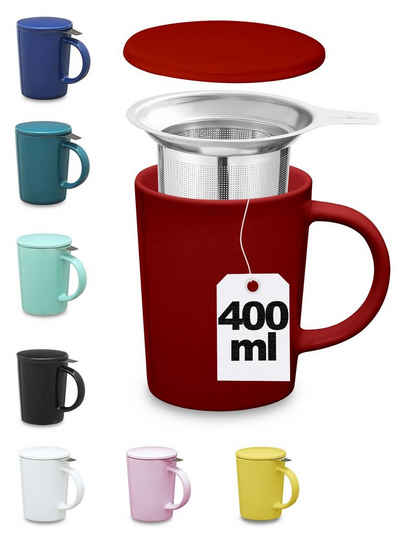 Cosumy Teeglas »Teetasse mit Sieb und Deckel Rot 400ml«, Keramik, Hält Lange warm - 400ml Groß - Spülmaschinenfest