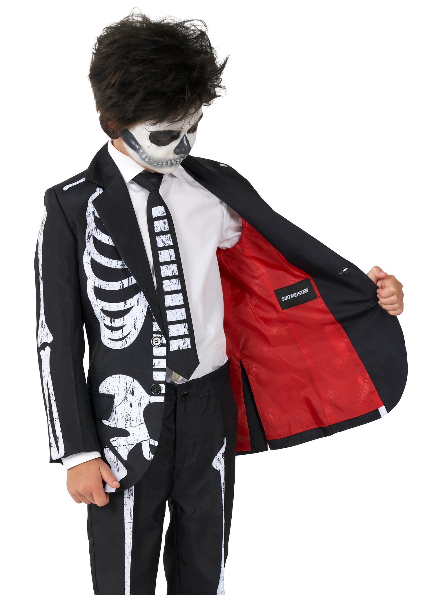 SuitMeister Partyanzug Skelett Anzug - Halloween Kostüm Kinder Junge, Sorgt für ein bleibendes Lächeln: cooler Anzug für schräge Schurken