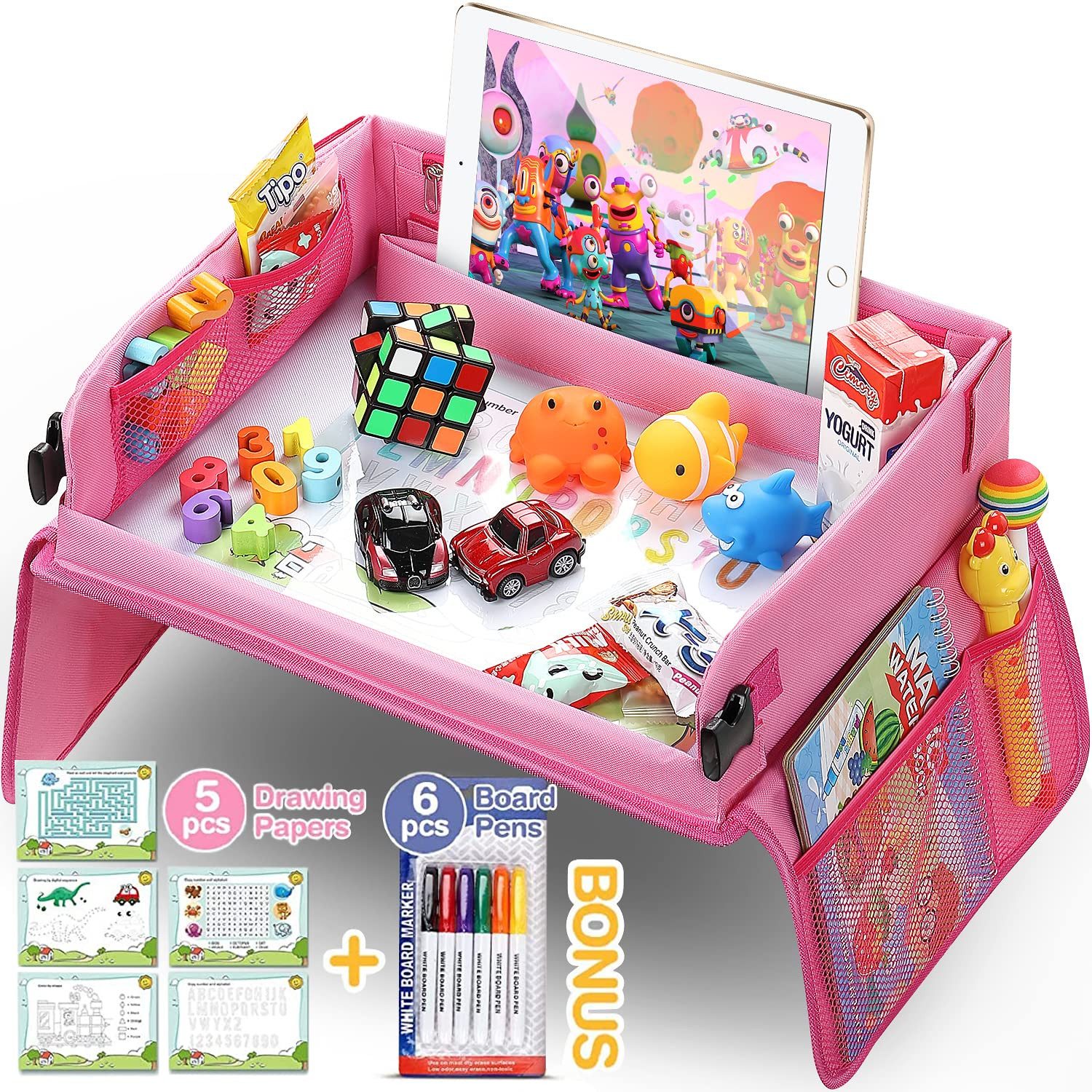POPOLIC Spieltisch Kinder Reisetisch Kindersitz Spiel, Lernspielzeug, Zeichenbrett(Rosa), mit 1 Transparenter Zeichnungsfilm+5 Zeichenpapier+6 Farbstifte