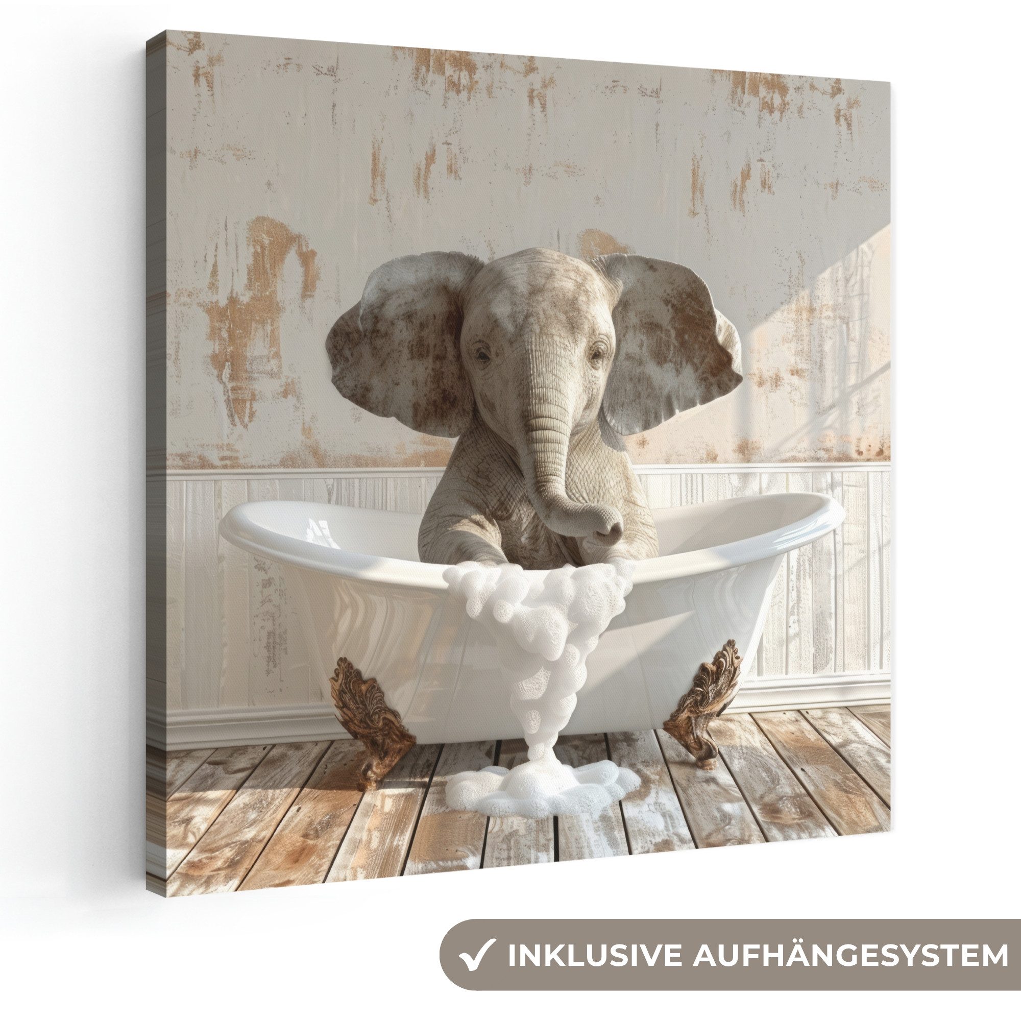 OneMillionCanvasses® Leinwandbild Vintage - Elefant - Badewanne - Schaumstoff - Wilde Tiere, Fotodruck (1 St), Wandbild, Deko Schlafzimmer Wohnzimmer Flur 20x20 cm