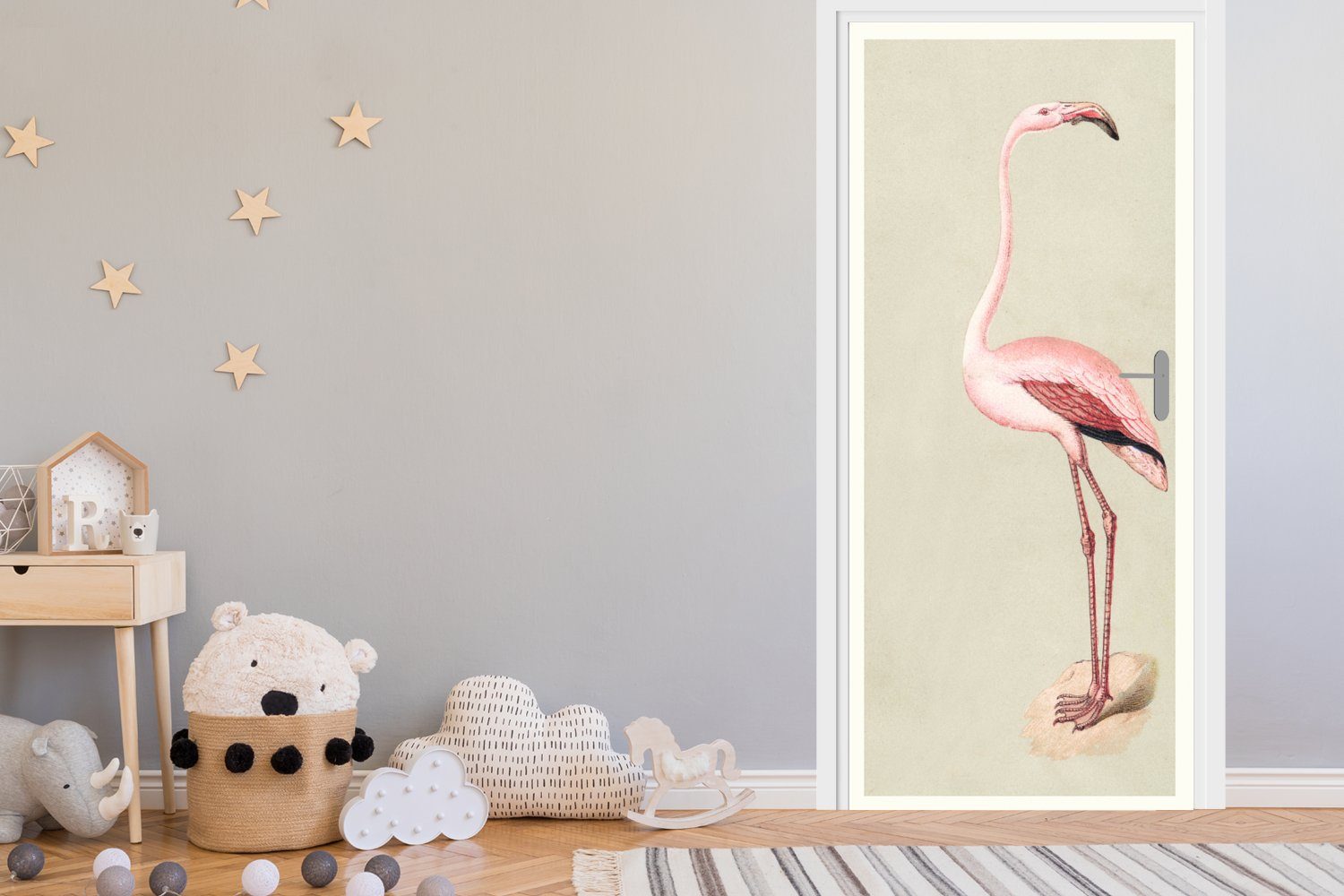 Matt, (1 75x205 Türaufkleber, Flamingo, St), Antiker cm Fototapete für MuchoWow Tür, Türtapete Vogel-Druck bedruckt,