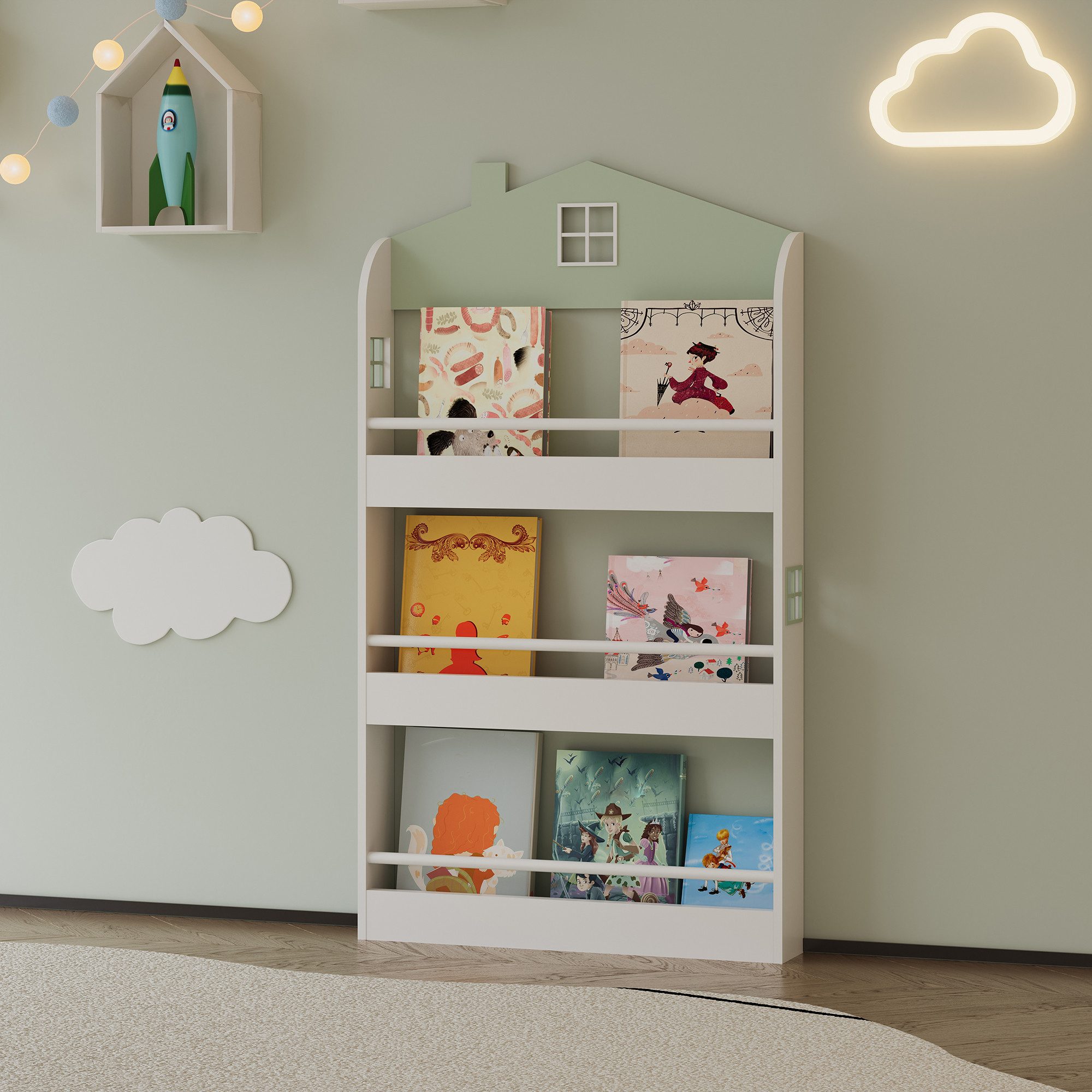 en.casa Kinderregal, »Vipsali« in Hausdesign 106 x 60 x 12 cm Mintgrün / Weiß