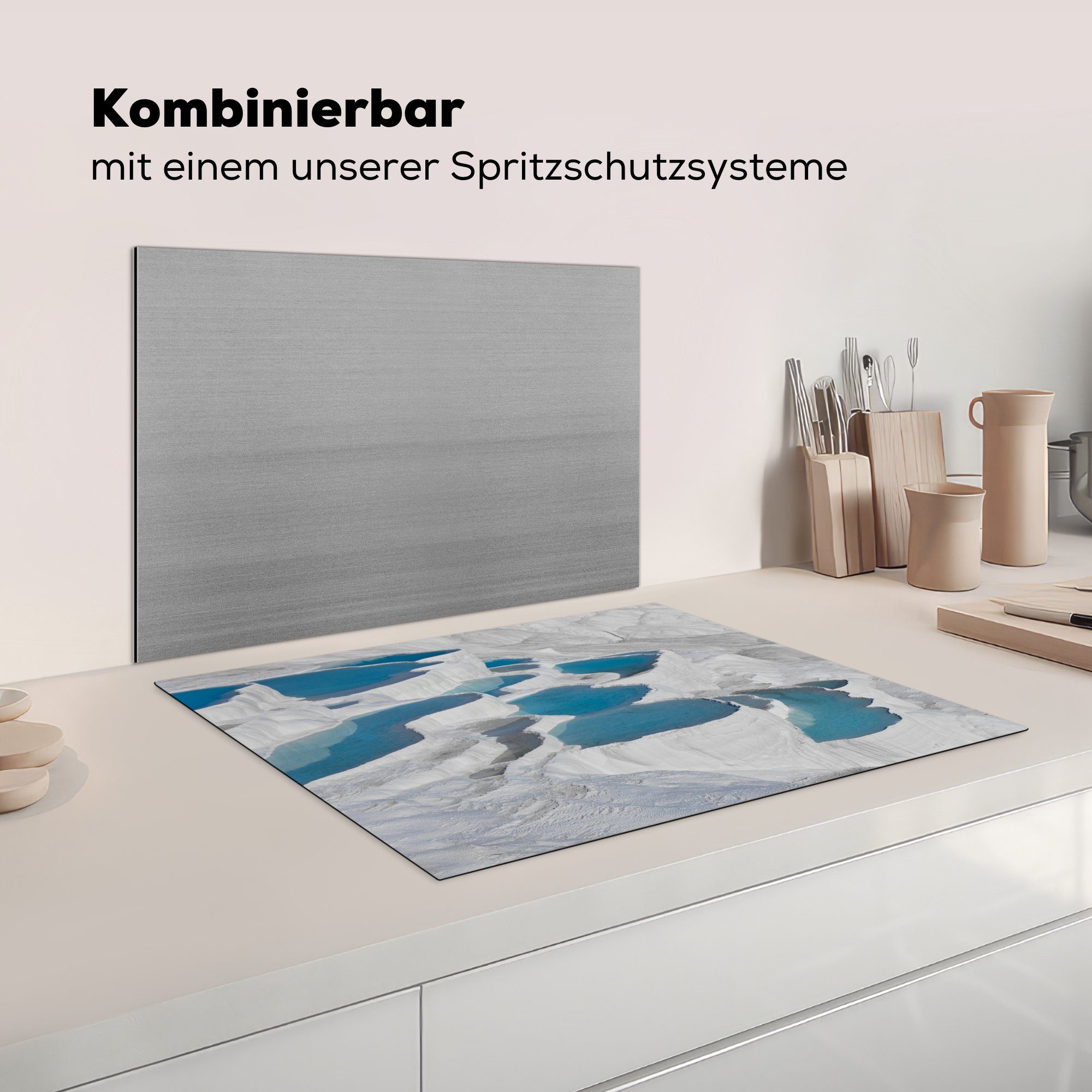 nutzbar, Blaues Mobile von Kalk Türkei, im Herdblende-/Abdeckplatte Arbeitsfläche der tlg), Wasser Pamukkale cm, Vinyl, in (1 MuchoWow 70x52 Ceranfeldabdeckung