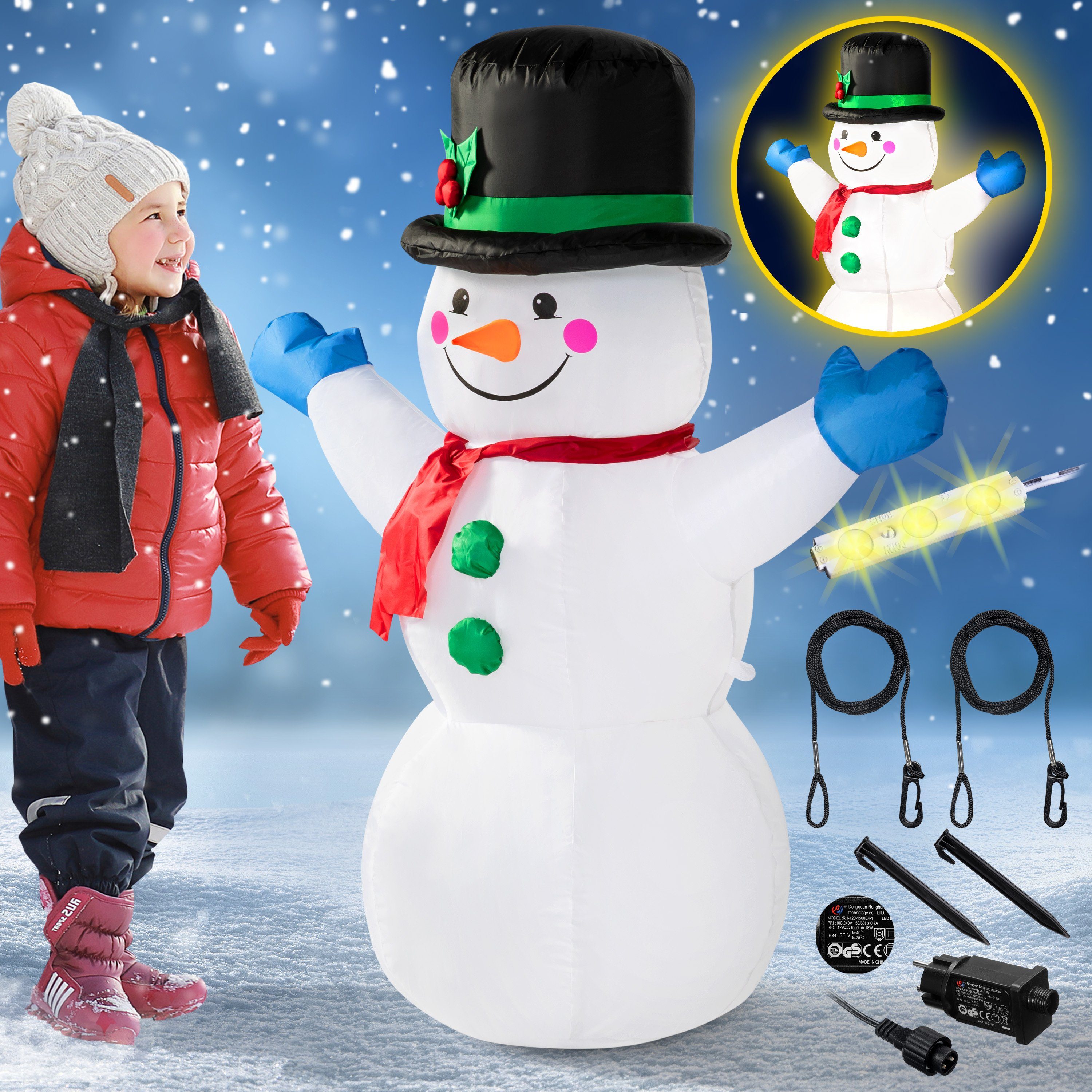 monzana Schneemann, Aufblasbarer XL 120cm LED Beleuchtet  Befestigungsmaterial IP44 Außen Witterungsbeständig Weihnachtsdeko  Weihnachtsfigur Christmas