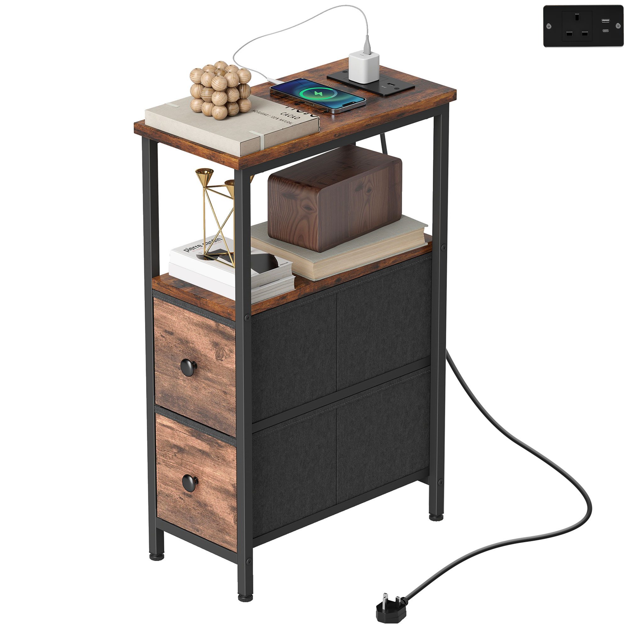 MC Star Beistelltisch Couchtisch Beistelltisch mit Ladestation, Stahlrahmen (2 Stoffschublade, offen Fach, 20cm x 40cm x 63cm, Rustikal-Braun)