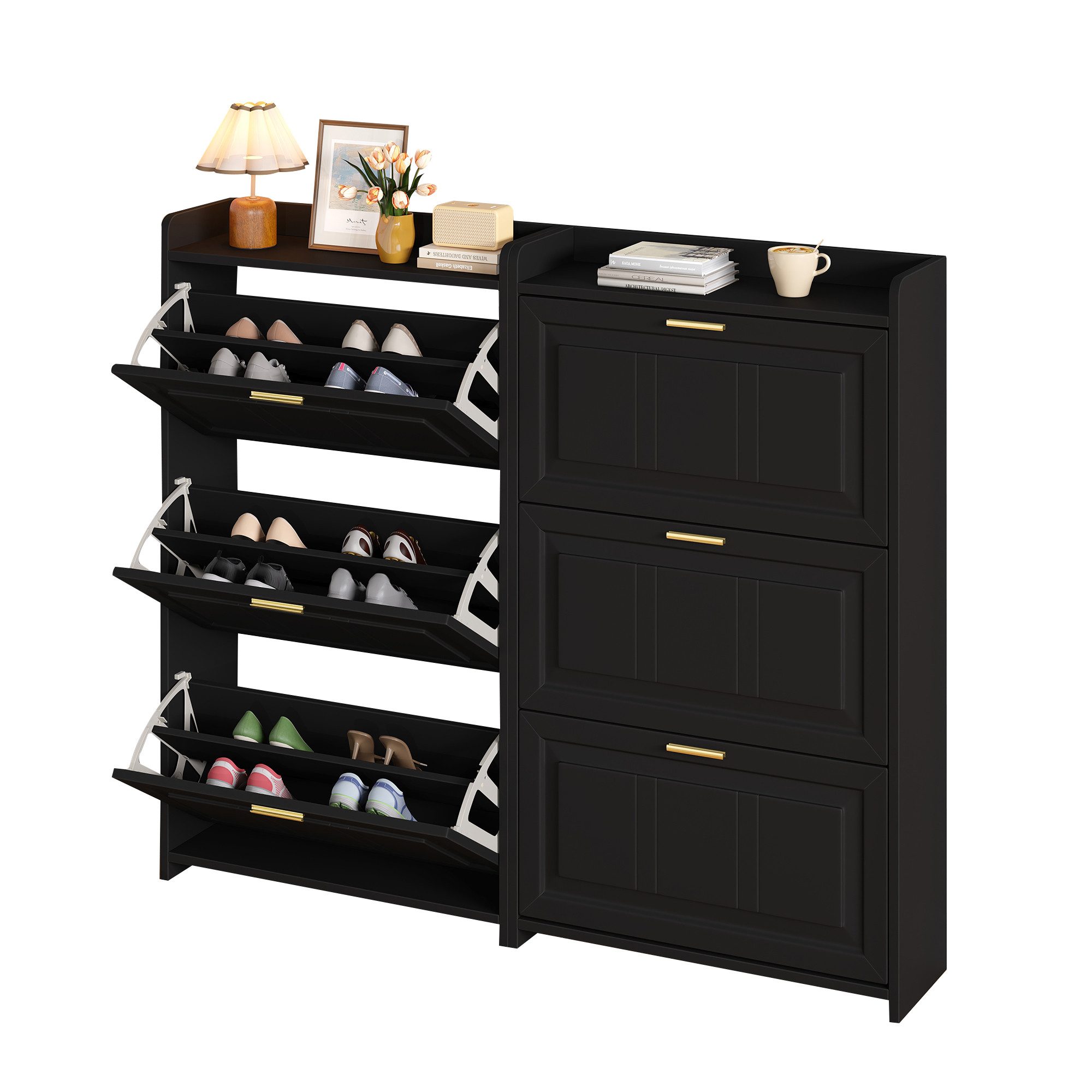 BlingBin Schuhschrank Schuhregal Schuhkipper Schuhkommode (Er bietet Platz für 24 bis 36 Paar Schuhe, 2-St., mit 6 Schrank, für Flure, Eingangsbereiche, Wohnzimmer und Büros) 140 L x 24 B x 120 H(cm), Schwarz