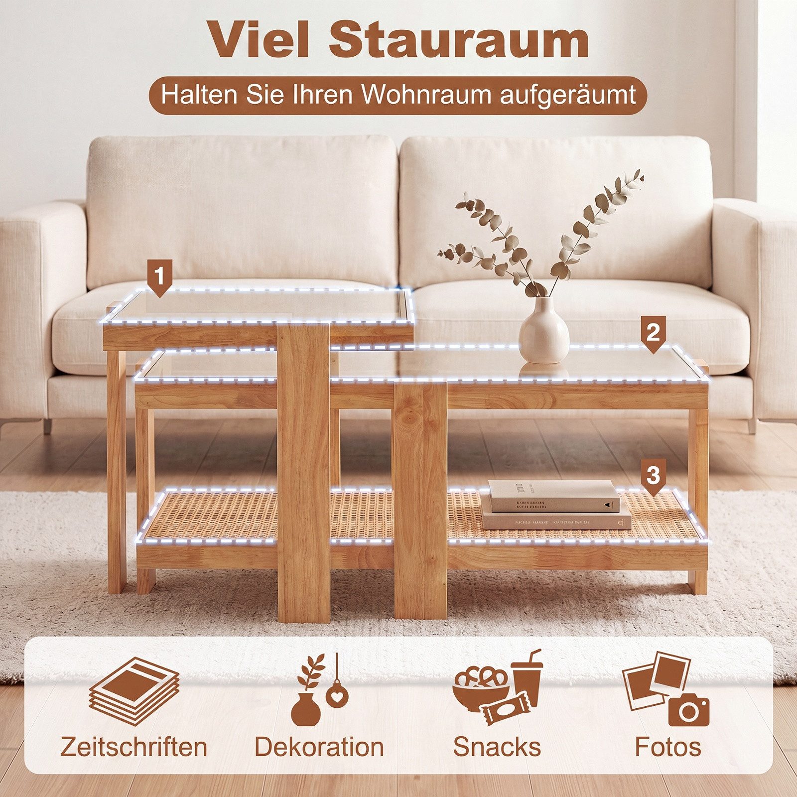 COSTWAY Couchtisch (2er Set), Satztisch aus gehärtetem Glas, Rattan, rechteckig mit Stauraum