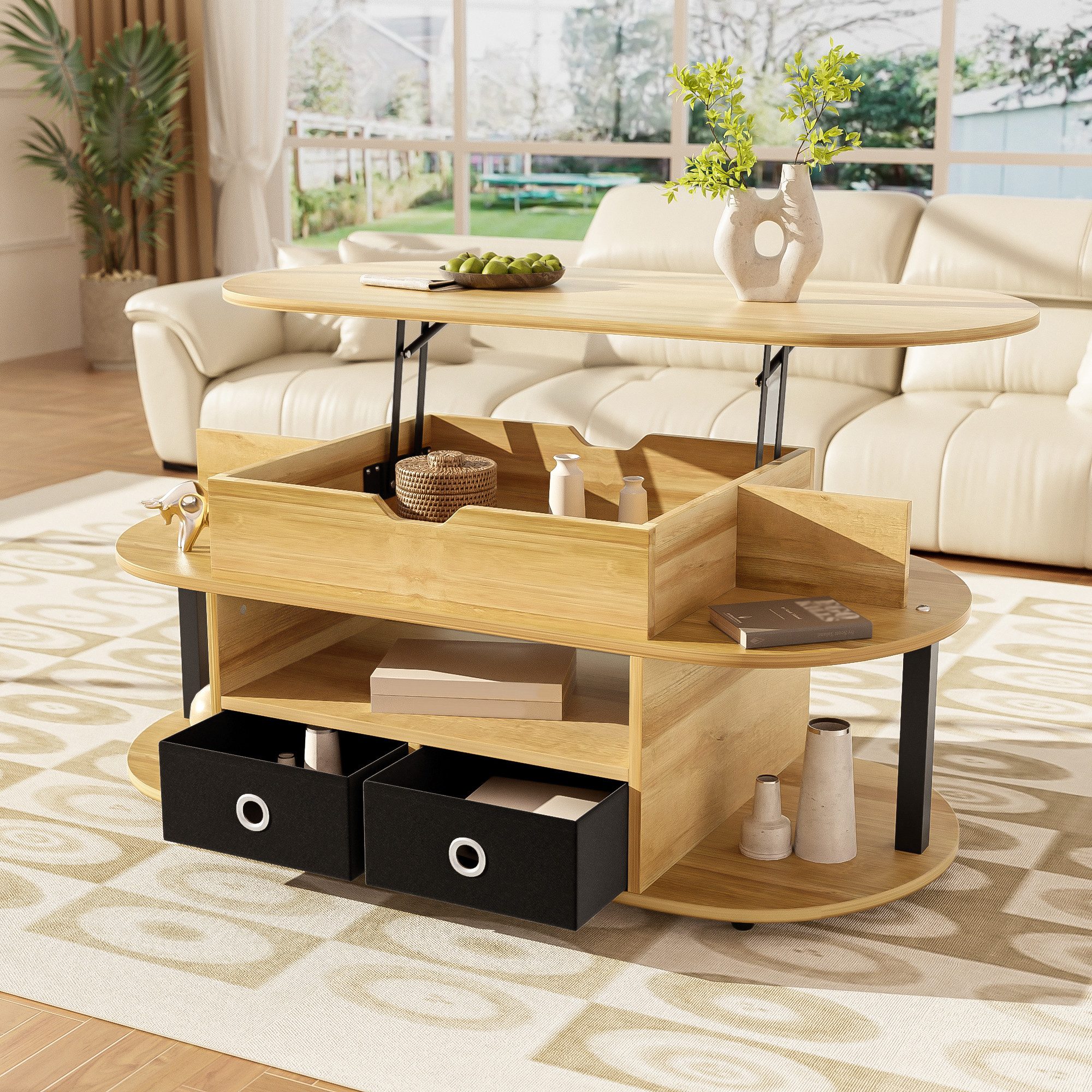 Merax Couchtisch (1-St), Beistelltisch Sofatisch mit Hebefunktion & Stauraum, Holzoptik/Schwarz