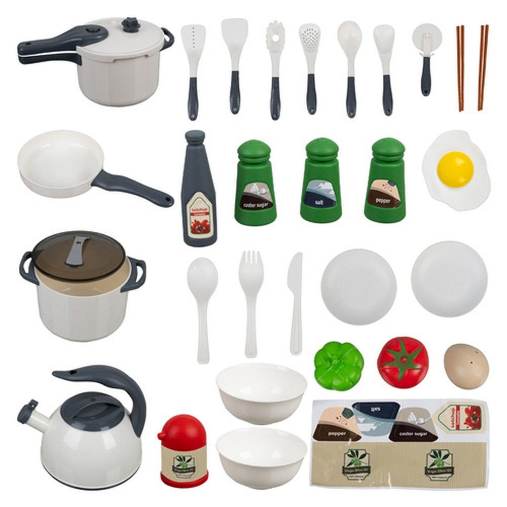 KRUZZEL Spiel-Kochgeschirr Küchenzubehör-Set Kinderspielzeug, (Spar-Set, 32-tlg., Rollenspielfähigkeiten), Mit Töpfen, Pfannen, Besteck, Gemüse, Gewürzen und vielem mehr