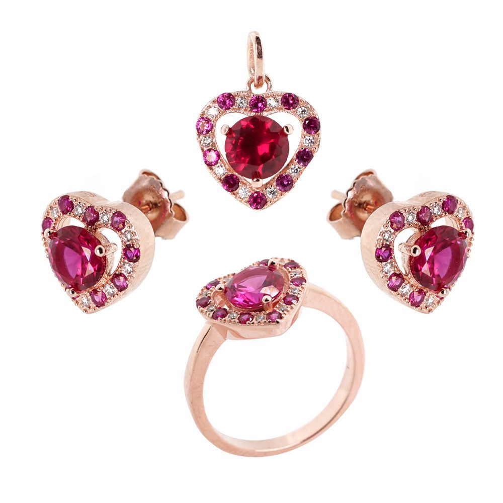 Golders Schmuckset Ohrringe, Kette, Anhänger und Ring aus 925 Silber (4-tlg), Zirkonia rotvergoldet Schmuck Set Sterling Silber