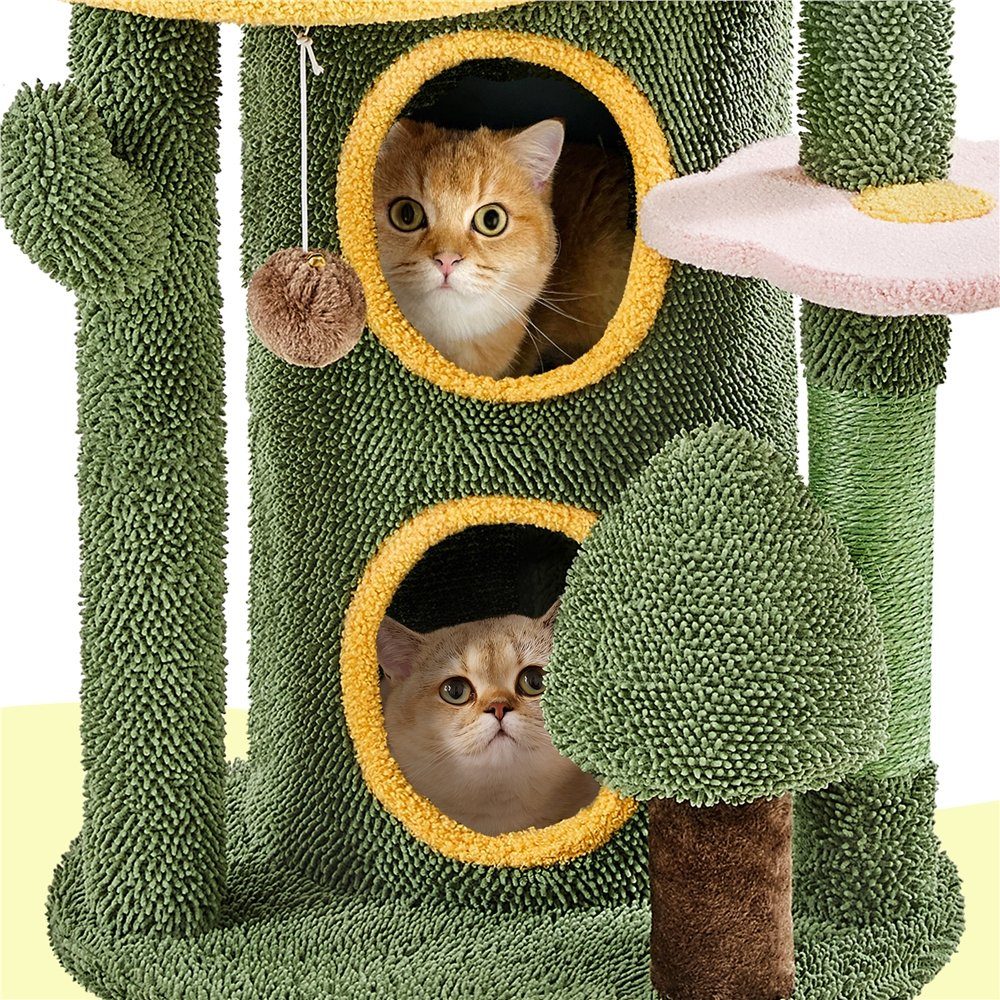 FourFurPets Großer Katzenbaum 185 Cm – Mit Blättern, Kratzbaum, Sitzstangen, Tunnel & Schaukelball In Greige