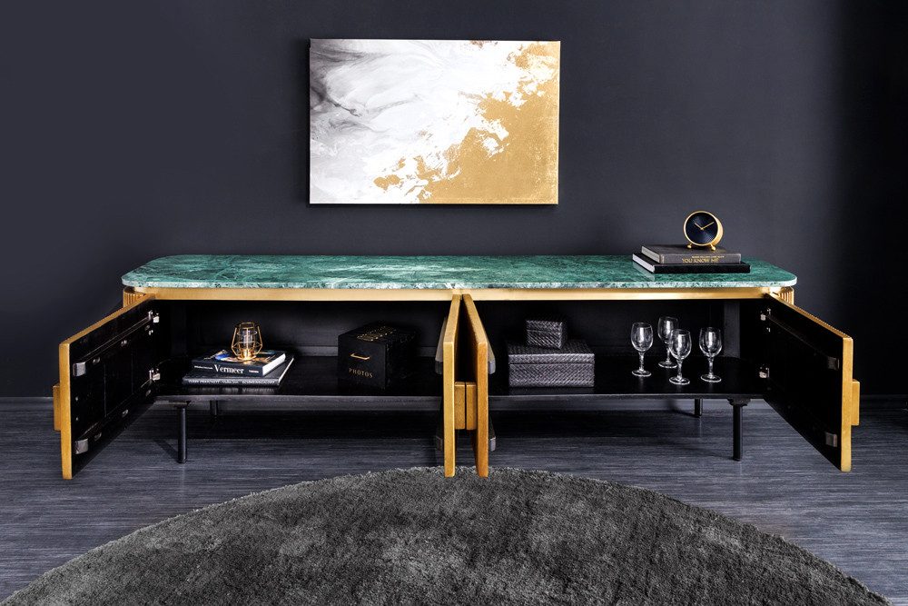 riess-ambiente TV-Board VENEZIANO 160cm messing / grün · Mangoholz-Lowboard mit Marmorplatte (Einzelartikel, 1 St), Retro-Design · Massivholz · Soft Close · Stauraum · grüner Marmor