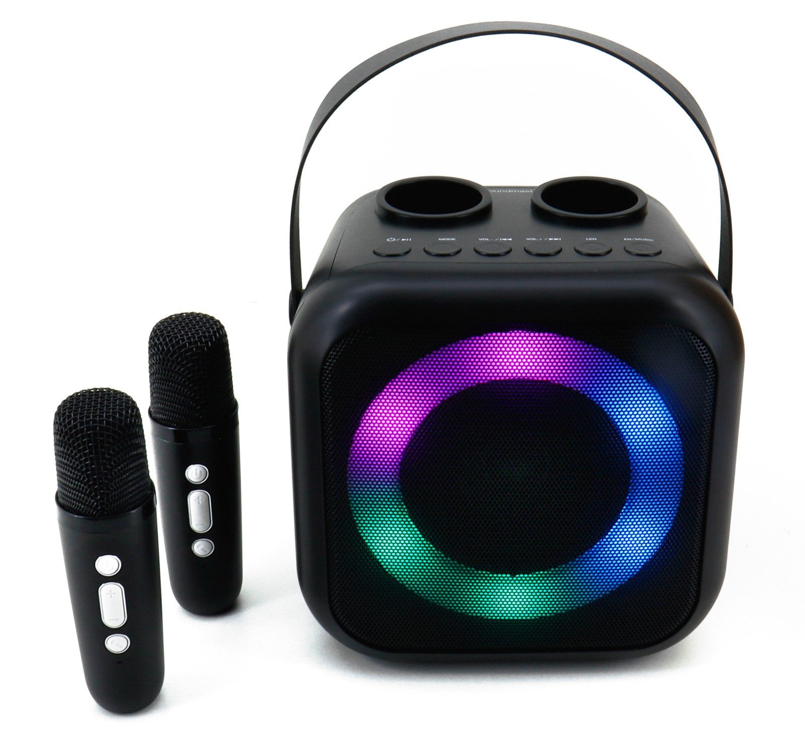 Soundmaster Soundmaster BT2024SW Karaoke System tragbar Mikrofone Effekte LED Bluetooth-Lautsprecher (5 W, Bluetooth, 2 Mikrofone, Stimmeffekte, Akku)