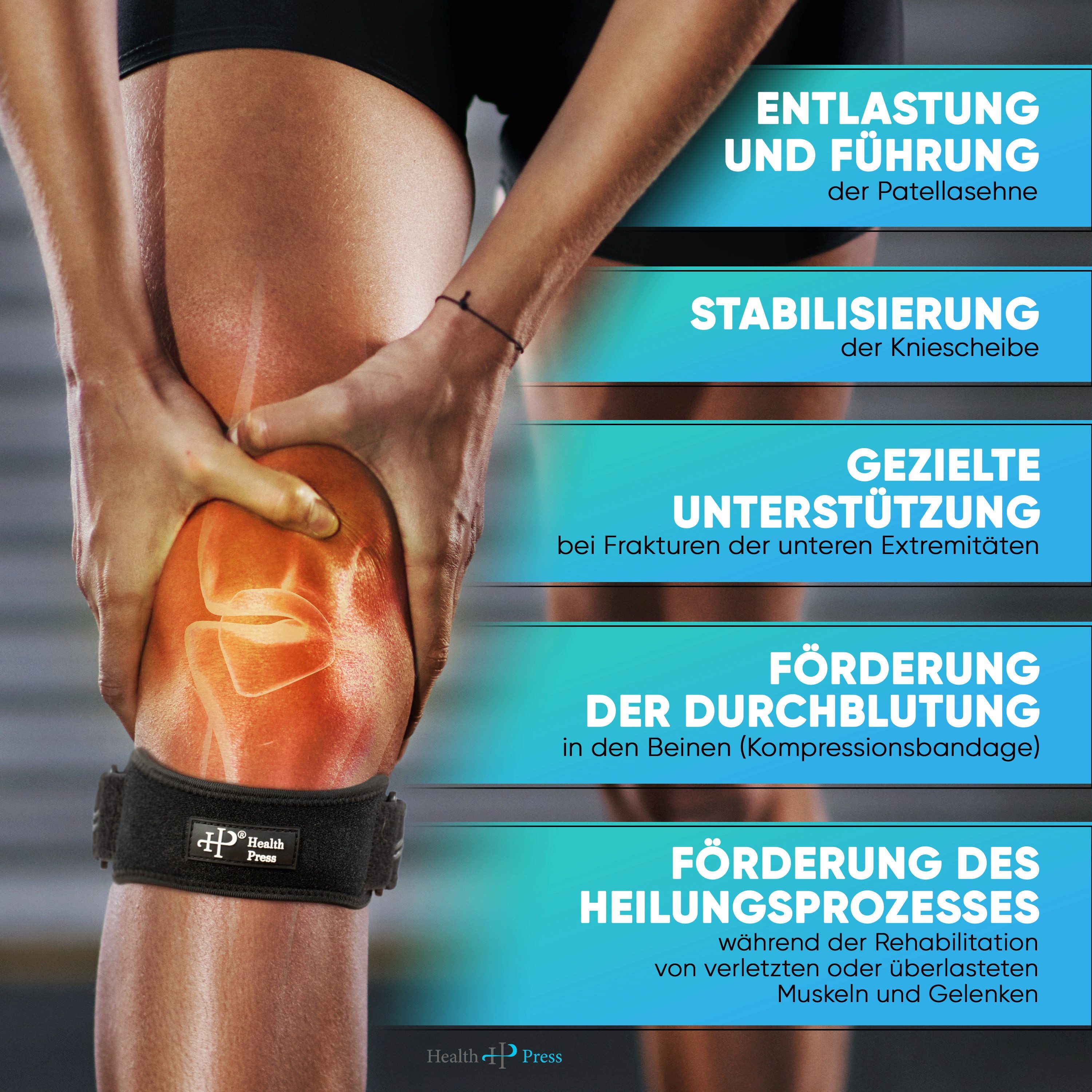 Health Press Kniebandage Patellasehnen-Kniebandage, Dermatologisch getestet
