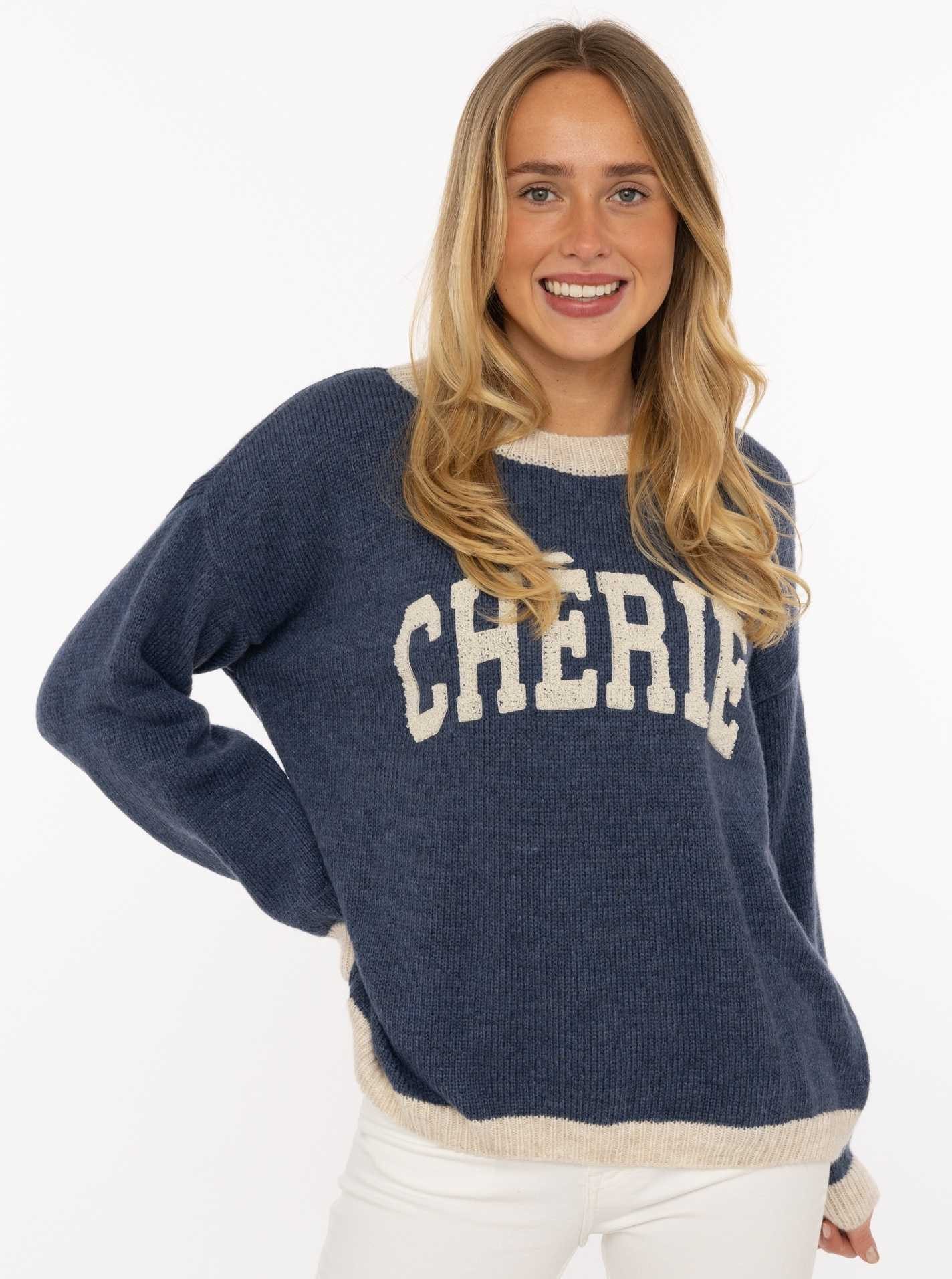 Zwillingsherz Strickpullover "Cherie" Rundhals, farbig abgesetzte Kanten, Schriftzug, One Size