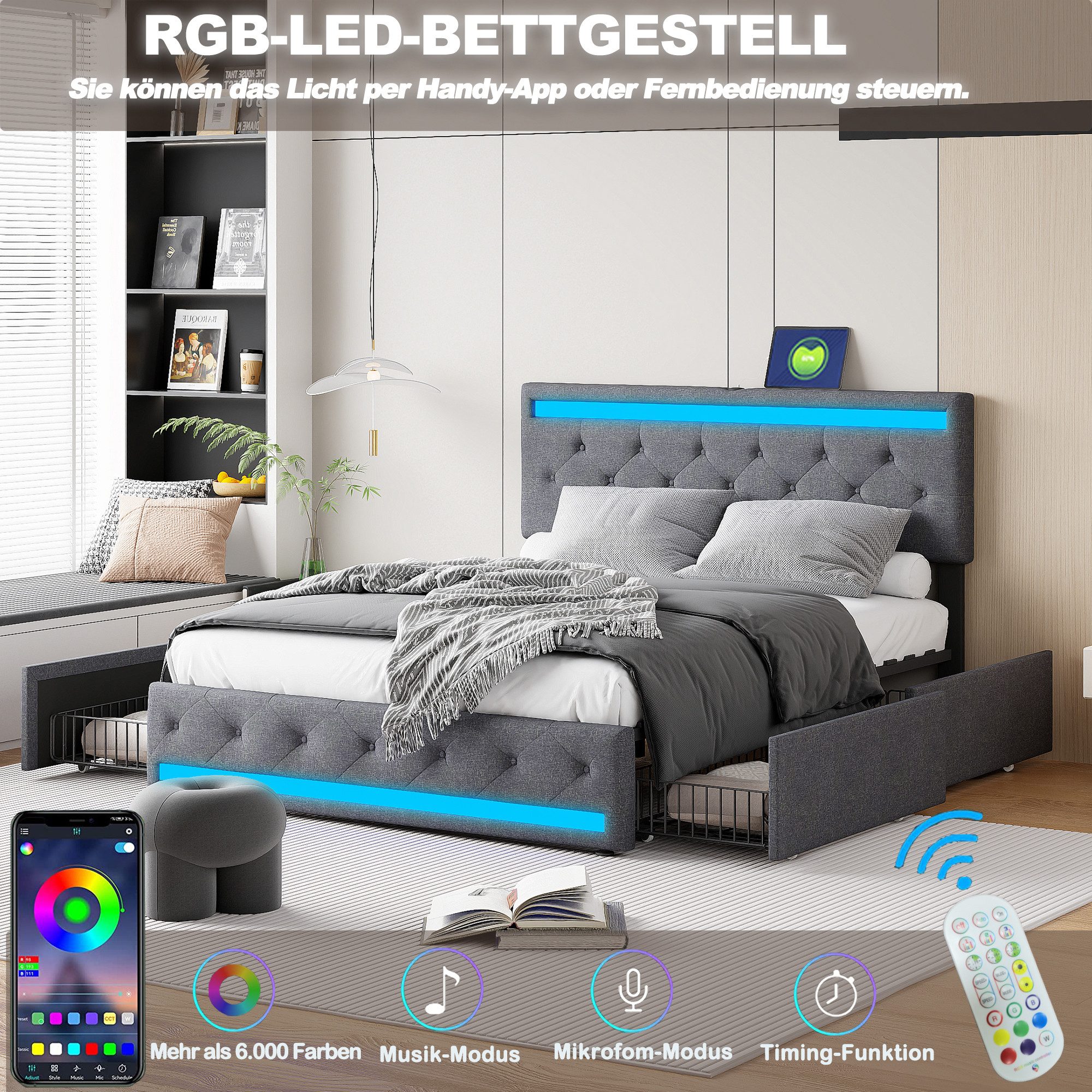 ADWOLT Stauraumbett Doppelbett Polsterbett mit Schubladen (Bettgestell, 1-tlg., 140x200 cm,Jugendbett Mit Kopfteil und Lattenrost,mit USB und Type-C), LED-Beleu – Bild 2 von 5