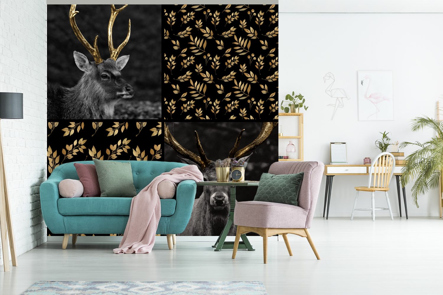 Blätter oder Wohnzimmer MuchoWow - Schlafzimmer, bedruckt, Gold, Collage (5 - St), Tiere Fototapete Vinyl Wandtapete Matt, - für Tapete