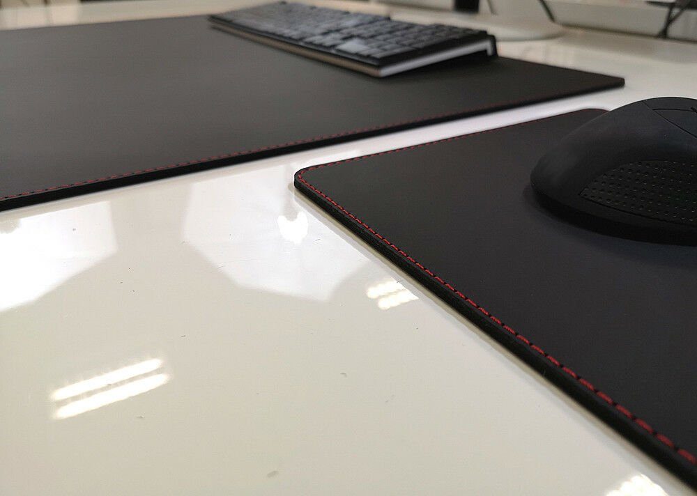 Profi Mats Schreibtischunterlage mit Mauspad Echt Leder Schwarz Naht rot 60cm x 40cm Rindsleder