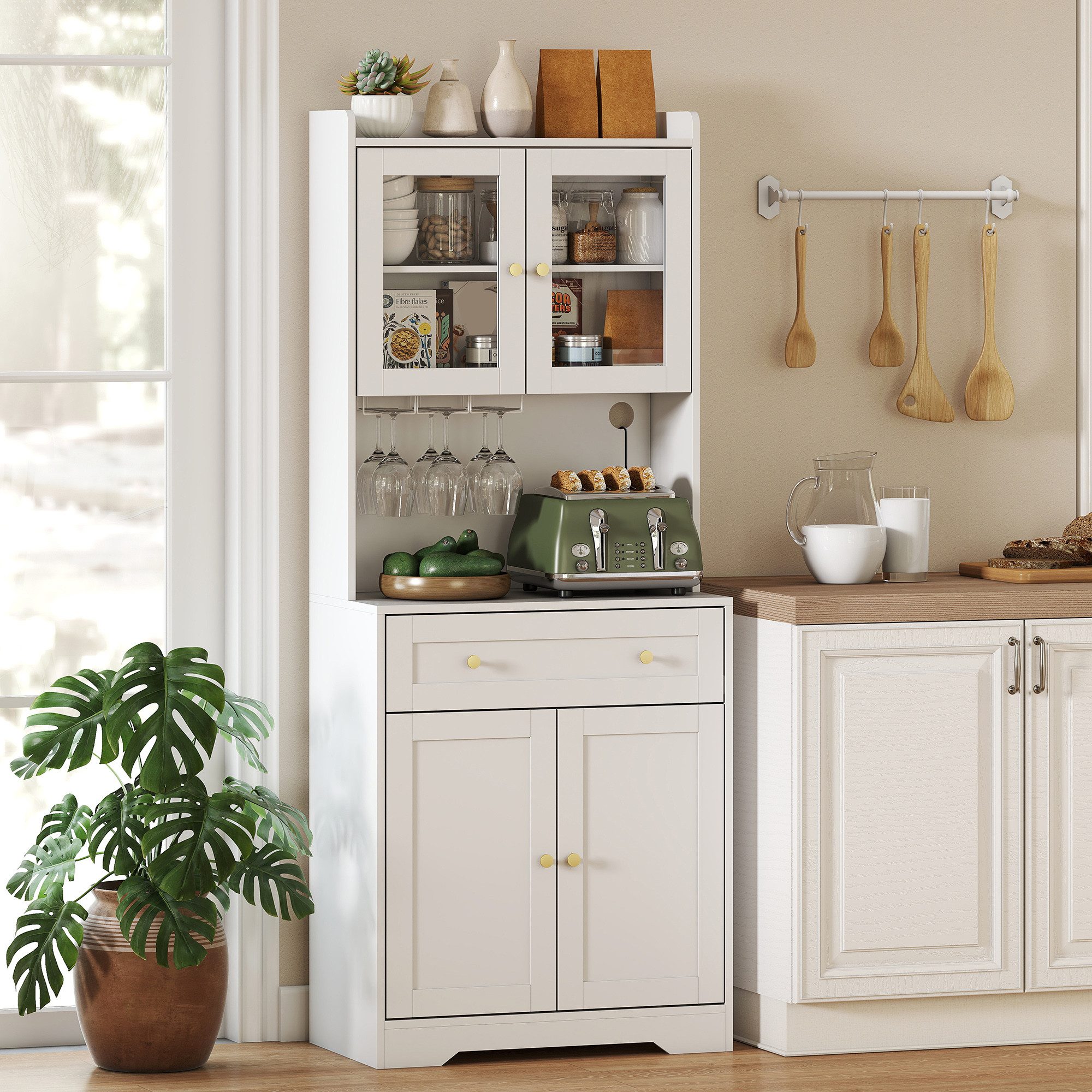 HOMCOM Küchenbuffet Vorratsschrank, Hochschrank mit verstellbaren Regalen, Schublade (Buffetschrank, 1-St., Küchenschrank) mit Soft-Close-Funktion, Kabelloch, 68 x 38 x 170 cm, Weiß