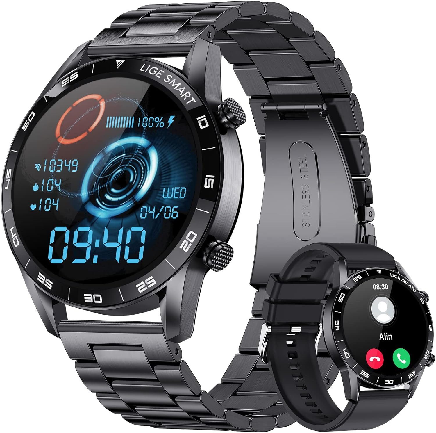 Lige Telefonfunktion IP67 Wasserdicht Herren%27s Smartwatch (1,39 Zoll, Android/iOS), mit Herzfrequenz, Blutdruck, Schlafüberwachung, 100+ Sportmodi Fitness