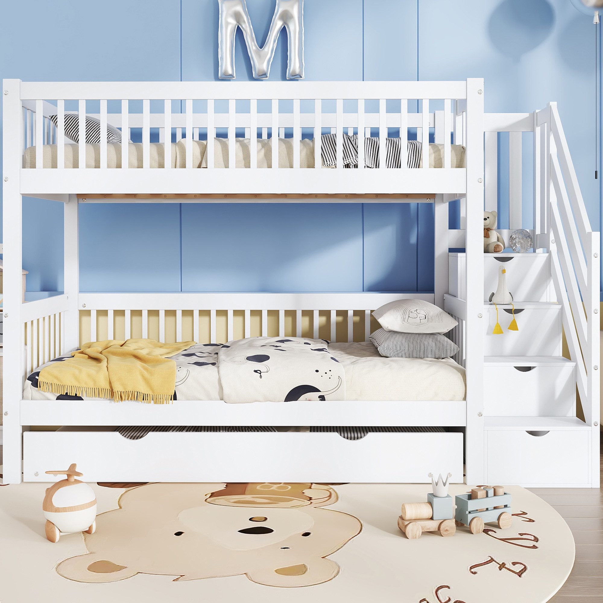 OKWISH Bunk Bed for Children with Rollaway Bed & Practical Ladder Wardrobe (Children's Bed with Additional Storage Space, 90x200/190 cm, with Additional Storage Space for Toys), Mattress Not Included – Flexible Sleeping and Playing Option