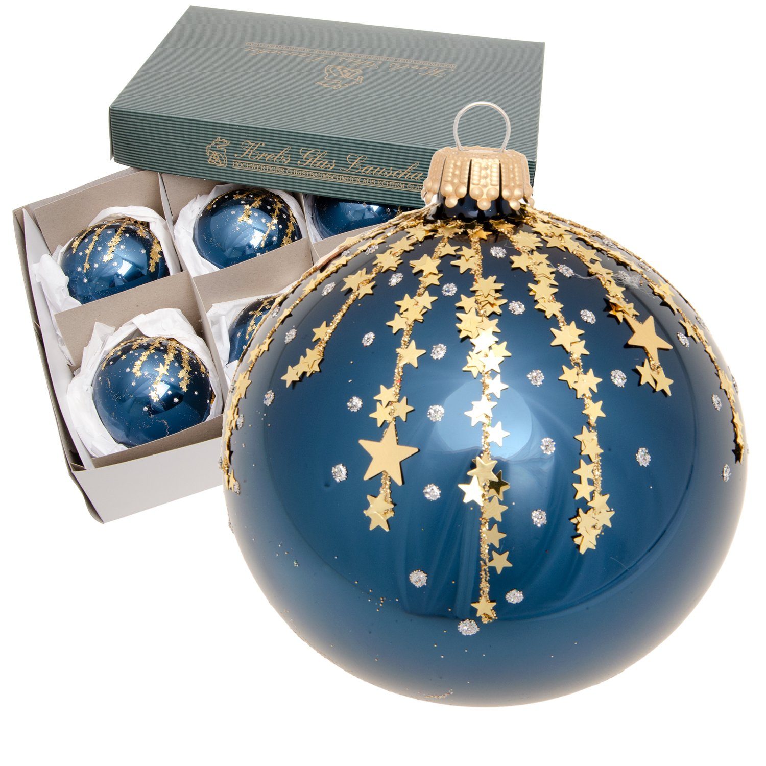Krebs Glas Lauscha Christbaumschmuck Sternennacht, 6-teilig, cobalt blau  glanz/gold, 8cm | Weihnachtskugeln