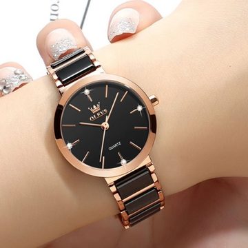 Tidy Quarzuhr QuarzUhr Keramik- armband Luxus elegante Damen Schwarz /Rose, Uhrenbox