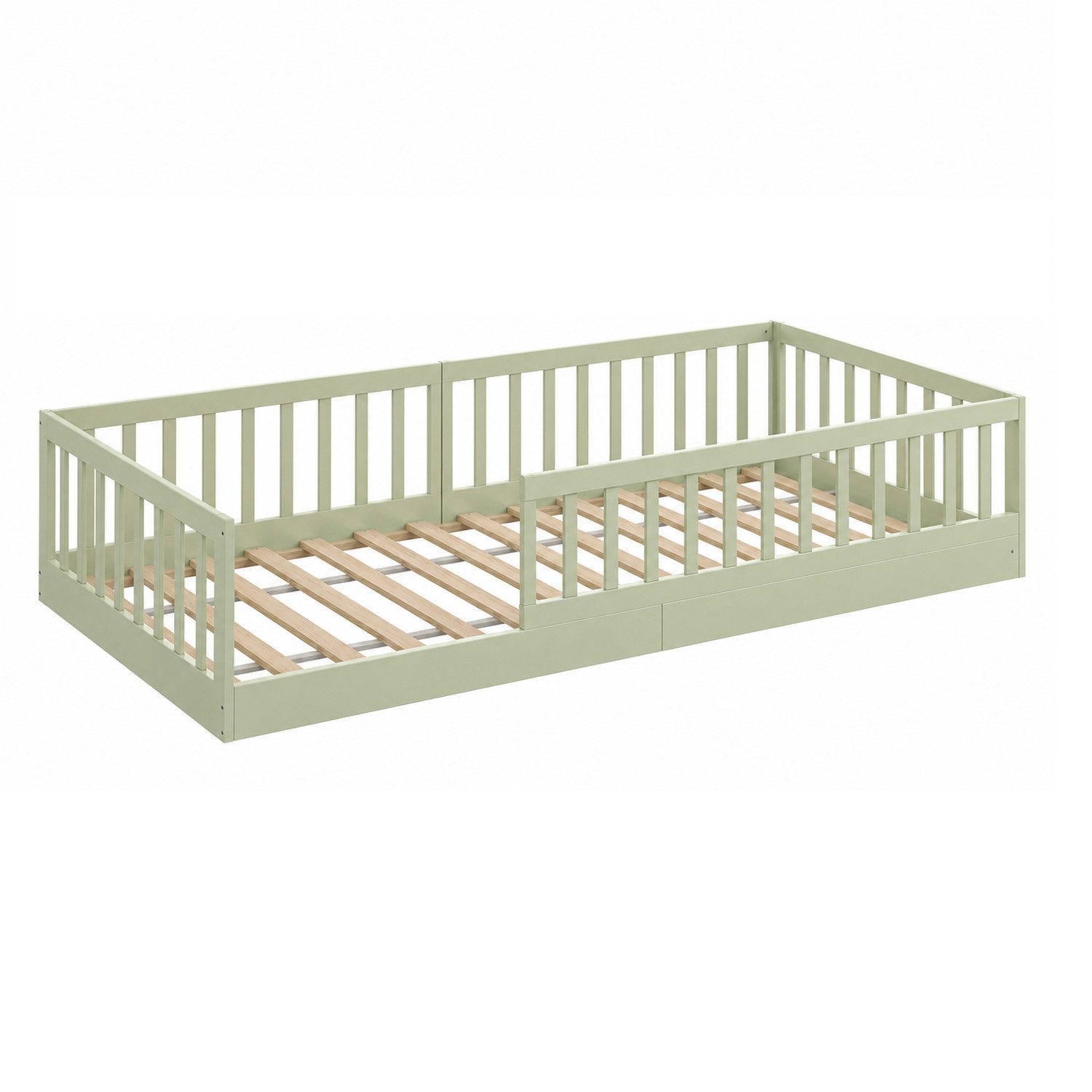CADANI Kinderbett Timi Bodenbett bis 200 kg belastbar mit abnehmbarem Rausfallschutz (90x200 cm, Montessori Kinder- & Jugendbett aus Kiefer Massivholz), inkl. stabilem Roll-Lattenrost, Weiß
