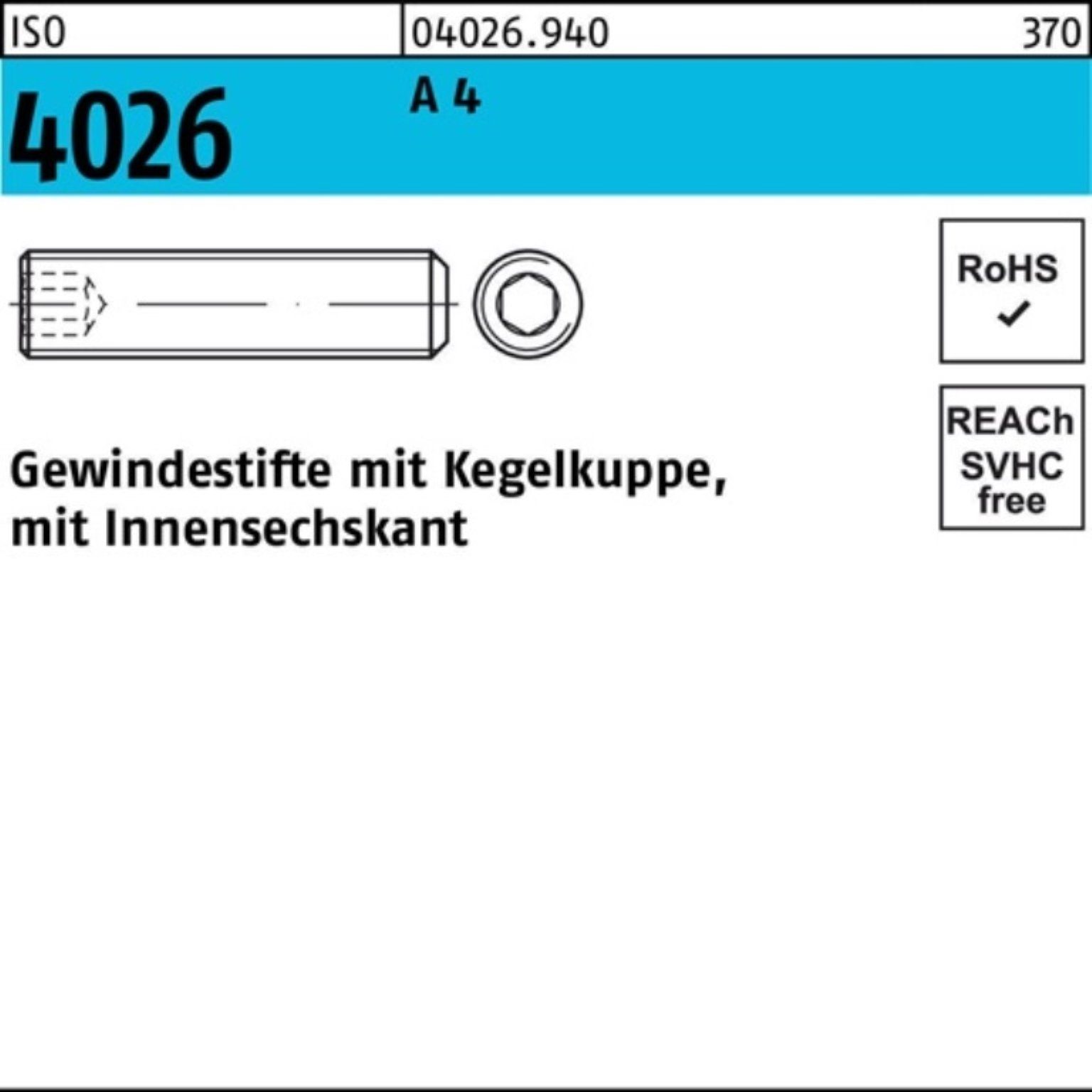 M3x Gewindebolzen 8 Kegelkuppe/Innen-6kt A Reyher St 4 500 4026 Gewindestift ISO 500er Pack