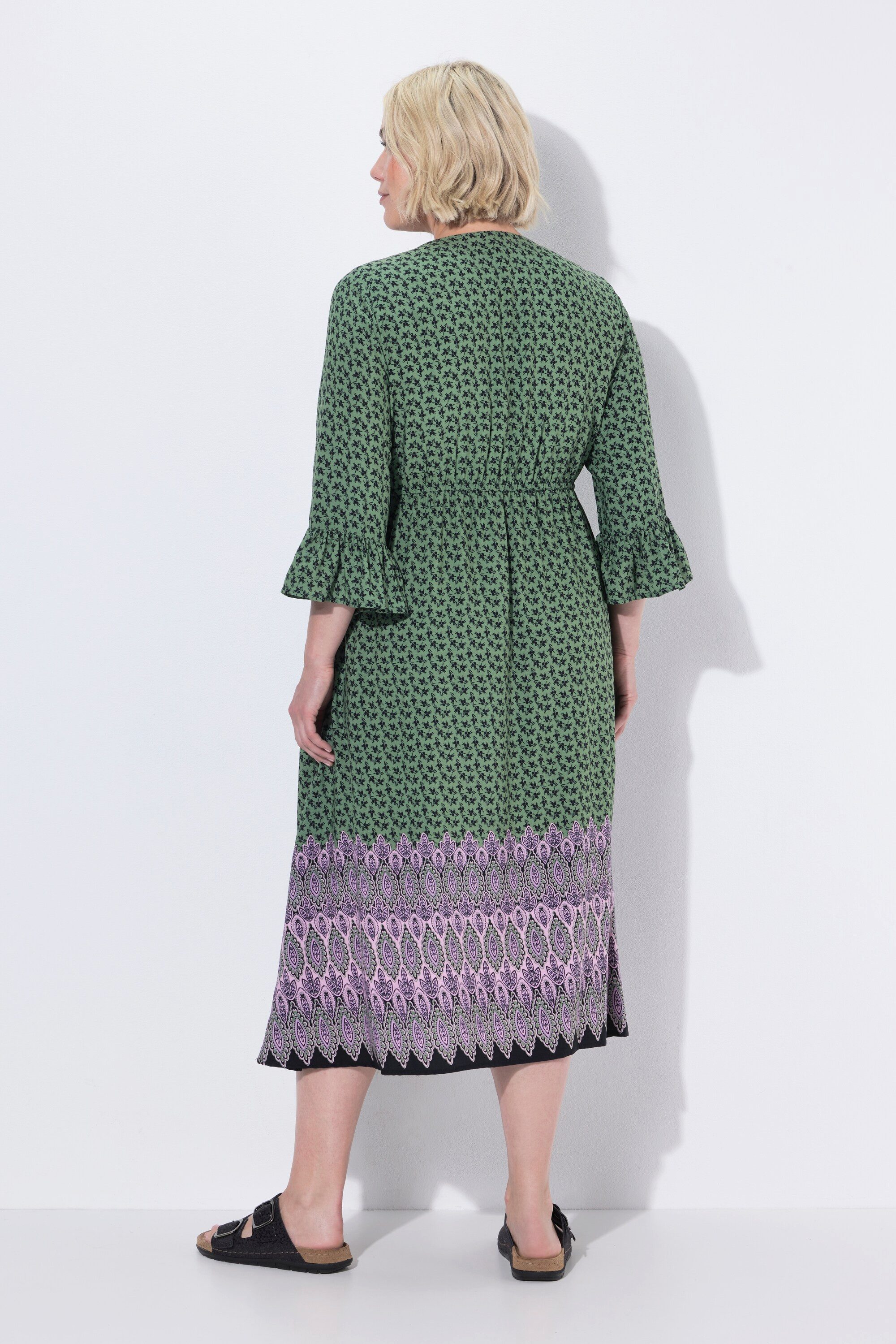 Ulla Popken Maxikleid Midikleid Tunnelzug A-Linie V-Ausschnitt 3/4-Arm