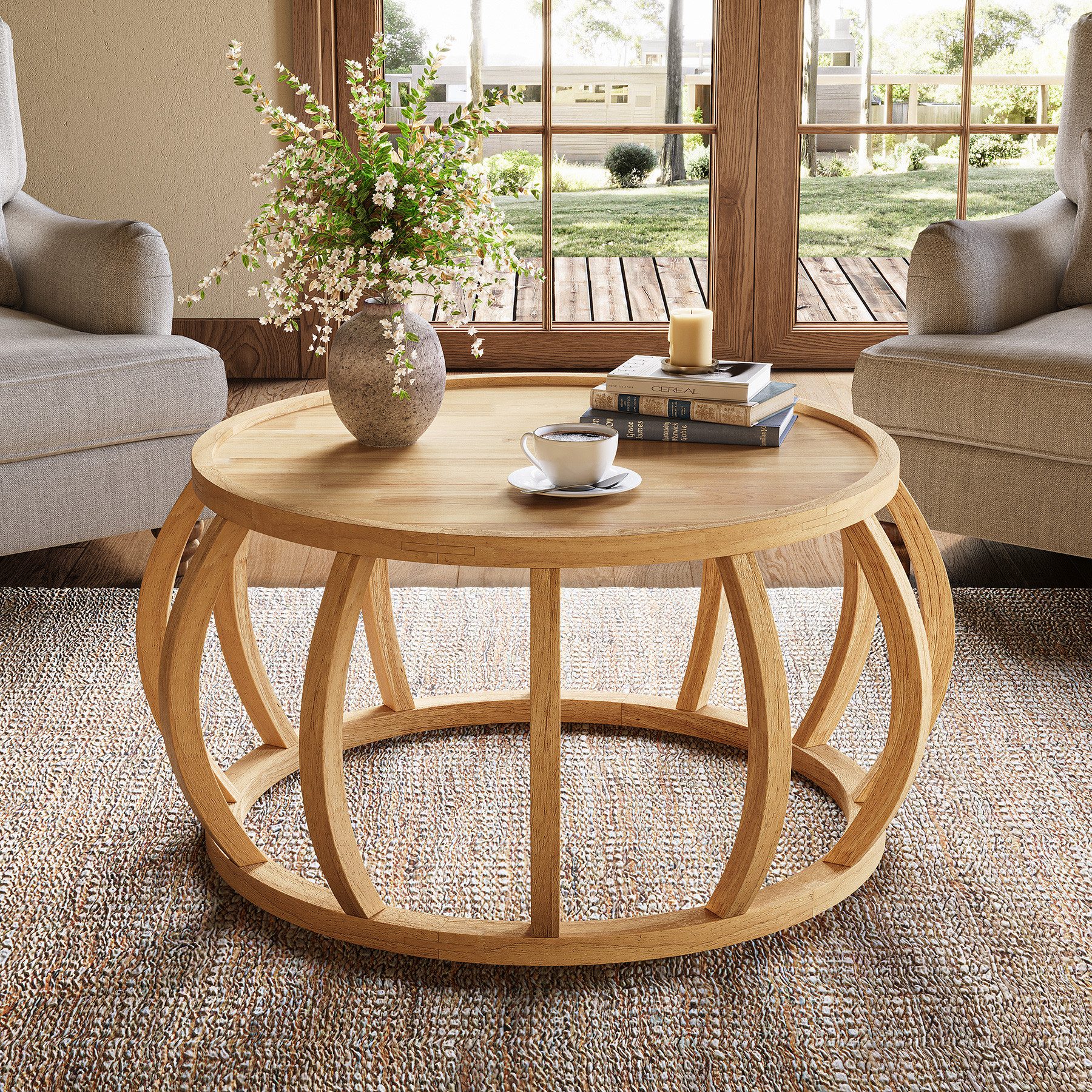 Tribesigns Couchtisch aus Massivholz, 80 cm Rund Wohnzimmertisch mit Gebogenem Rahmensockel – Bild 2 von 5
