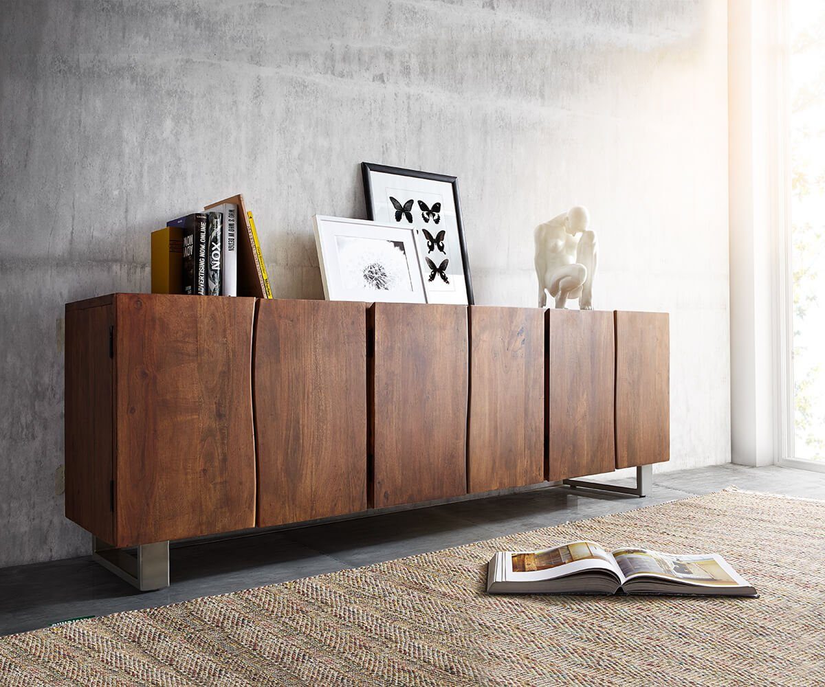DELIFE Sideboard Live-Edge, Akazie Braun 220 cm 6 Türen Massivholz Baumkant günstig online kaufen