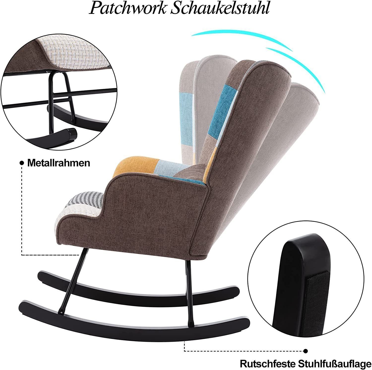 HomeMiYN Aus Relaxstuhl Schaukelstuhl Schwingsessel Schaukelstuhl holz Patchwork Sessel Wohnzimmer,