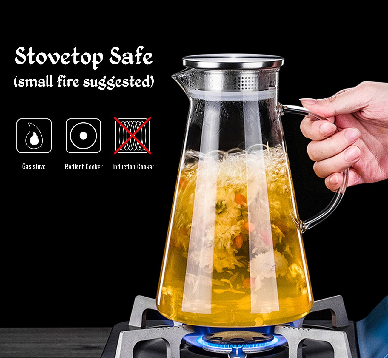 ElitVita Wasserkaraffe 2,2L Karaffe, Hitzebeständig Glas, Eistee Krug, -30°C~130°C, (1-tlg), mit Griff und Deckel, für Fruchtsäfte Teegetränke Milch Kaffee Wein