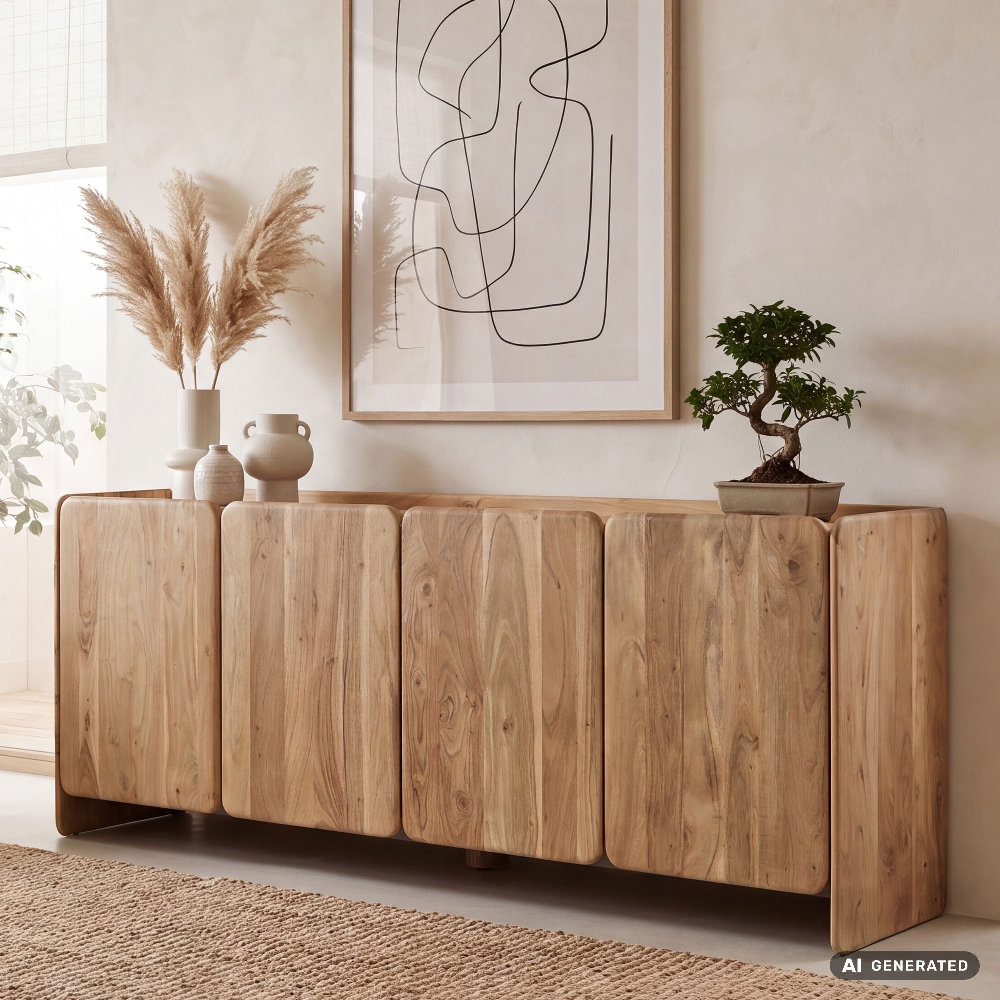 FINEBUY Sideboard FB119670 Anrichte 180cm Wohnzimmer Schrank Esszimmer Groß Modern (Massive Kommode aus Akazienholz mit 4 Türen), Braune Holzkommode mit 4 Fächern Handmade