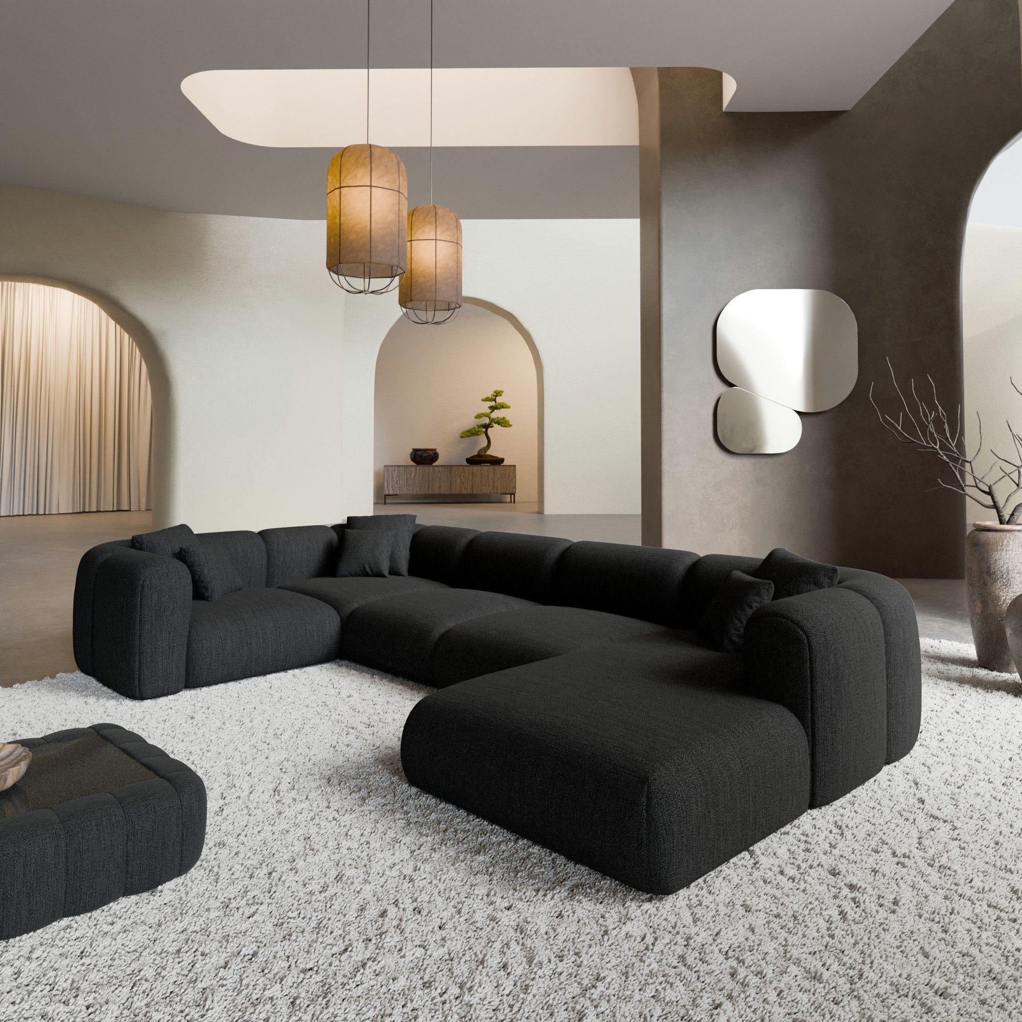 Sofa Dreams Wohnlandschaft Venturia U Form Stoffbezug Ottomane, Design Couch, 6-Sitzer, viele Farben, Strukturstoff Bezug in Schwarz