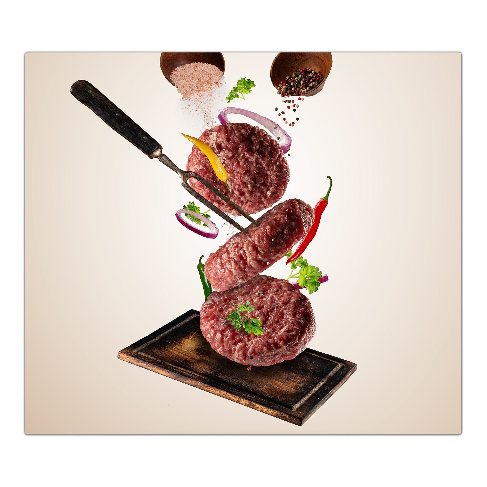 Primedeco Herd-Abdeckplatte Herdabdeckplatte Spritzschutz aus Glas Steak auf Brett, Glas, (1 tlg)